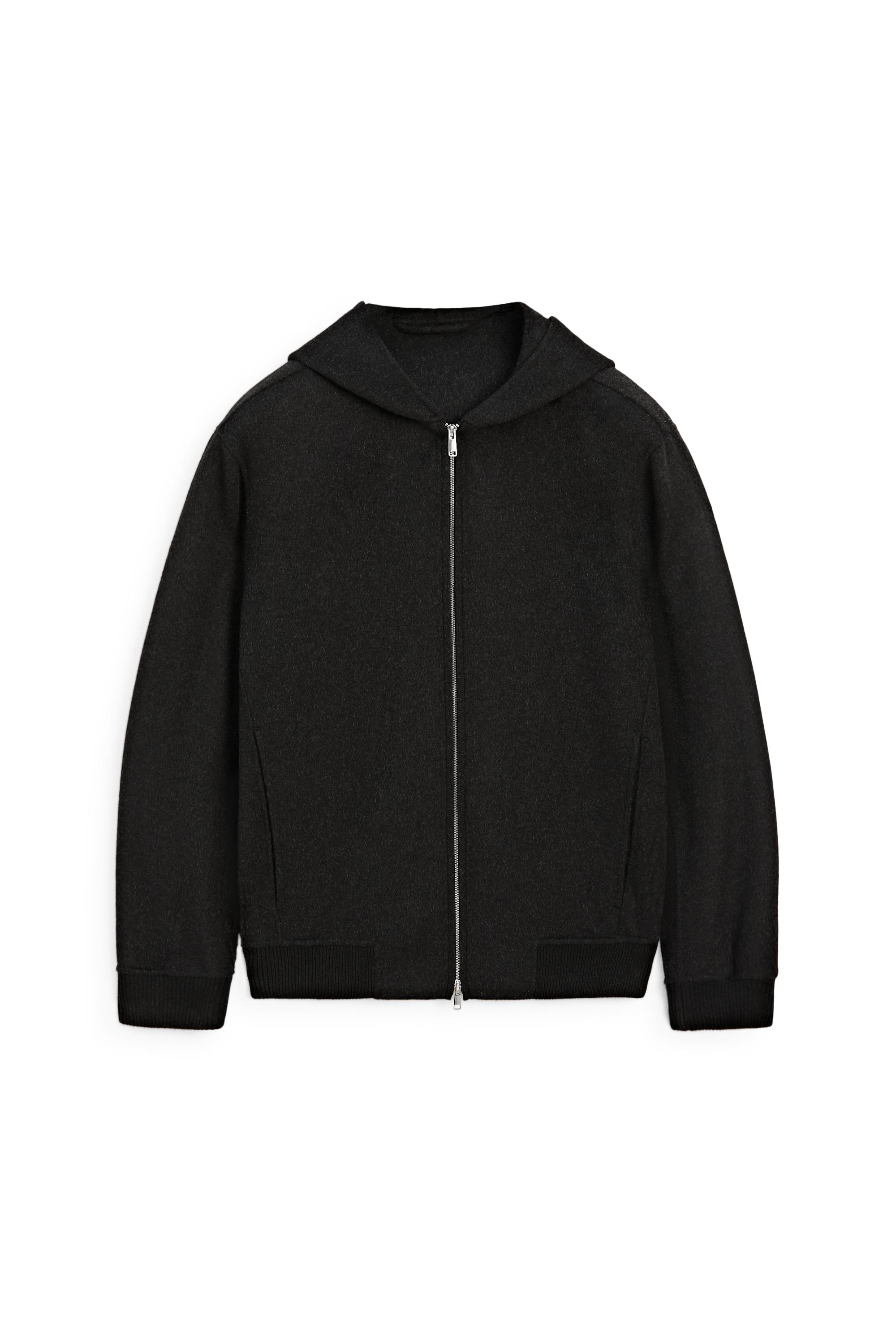 Wool blend double-knit hooded jacket — CHARCOAL