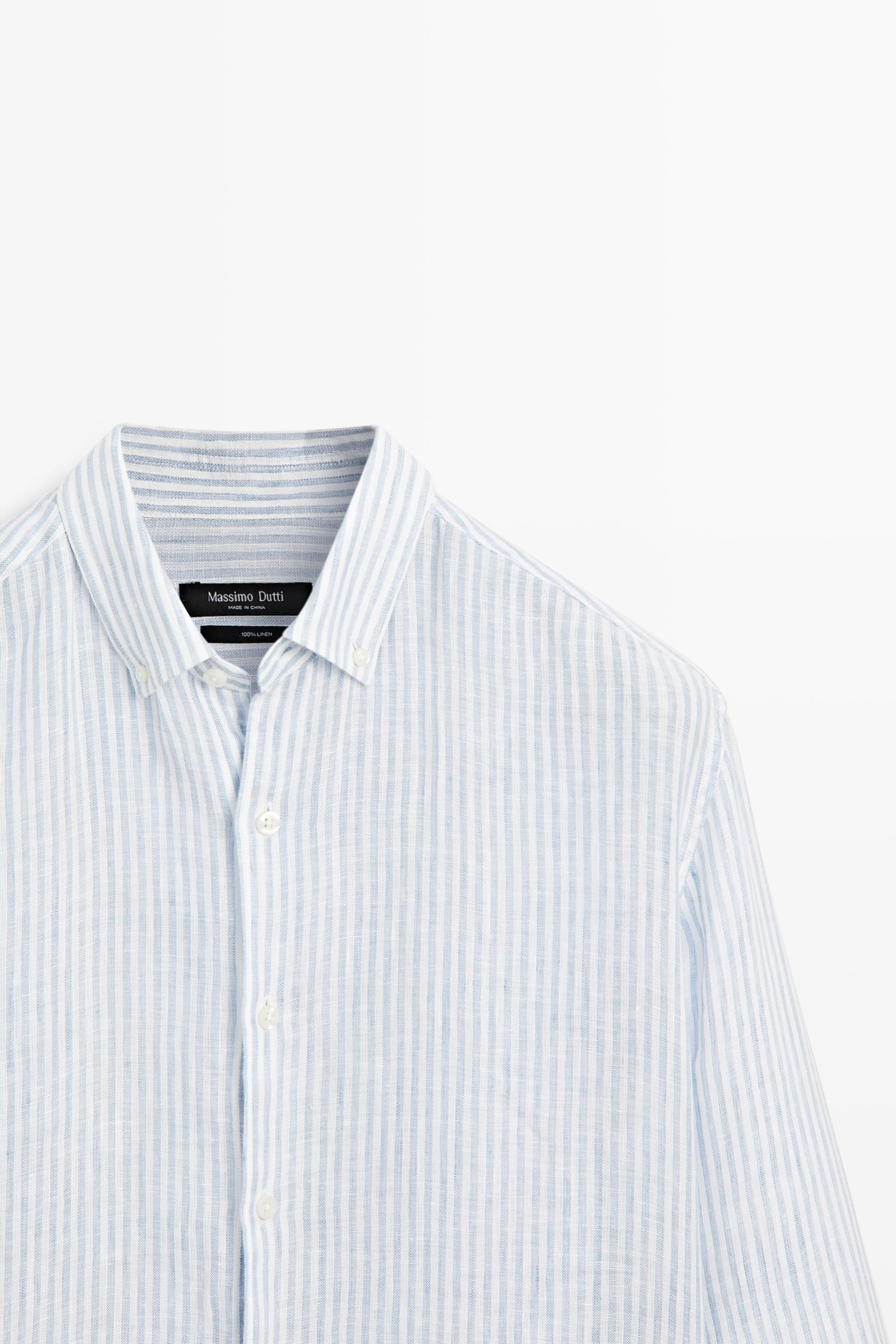 100% linen regular fit striped shirt — Sky blue