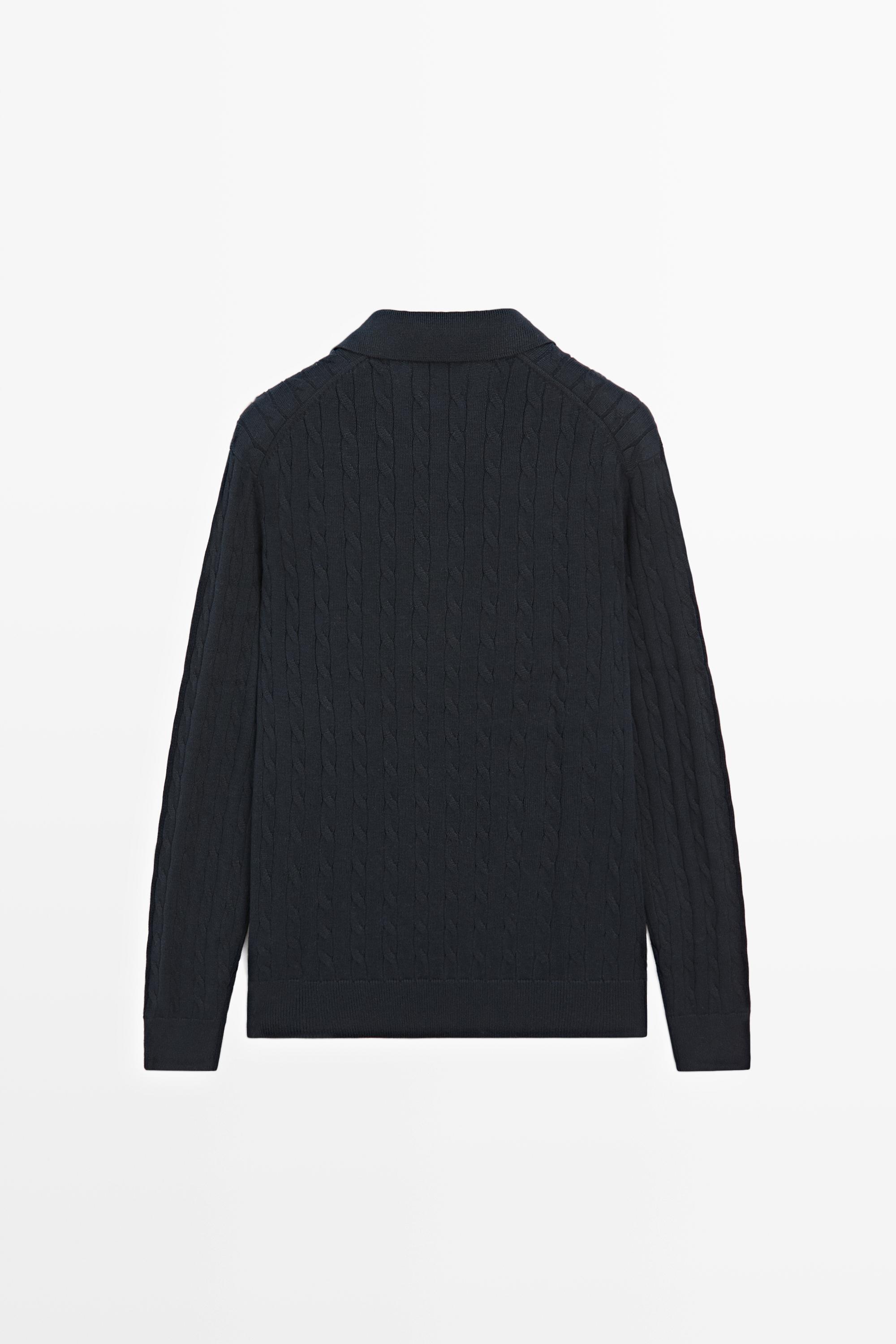 100% Cotton Cable-Knit Polo Sweater — NAVY BLUE