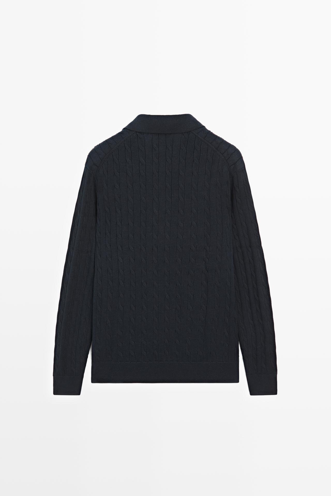 100% Cotton Cable-Knit Polo Sweater — NAVY BLUE