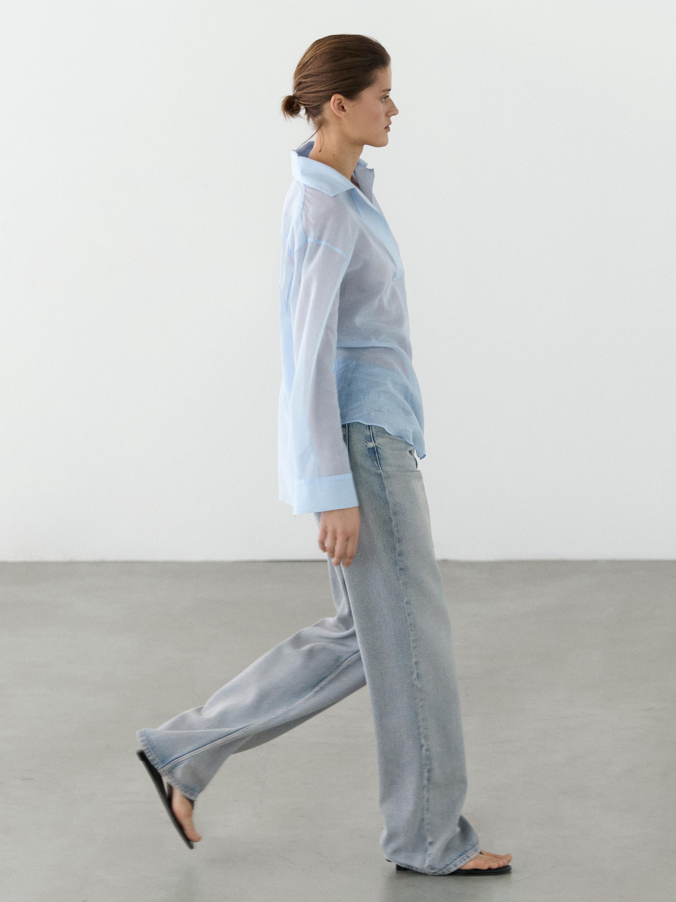Flowing 100% cotton shirt with collar detail — SKY BLUE