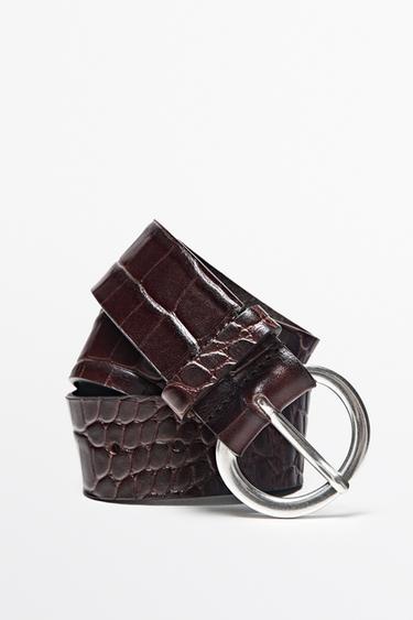 Crocodile-effect leather belt with round buckle — BROWN 4