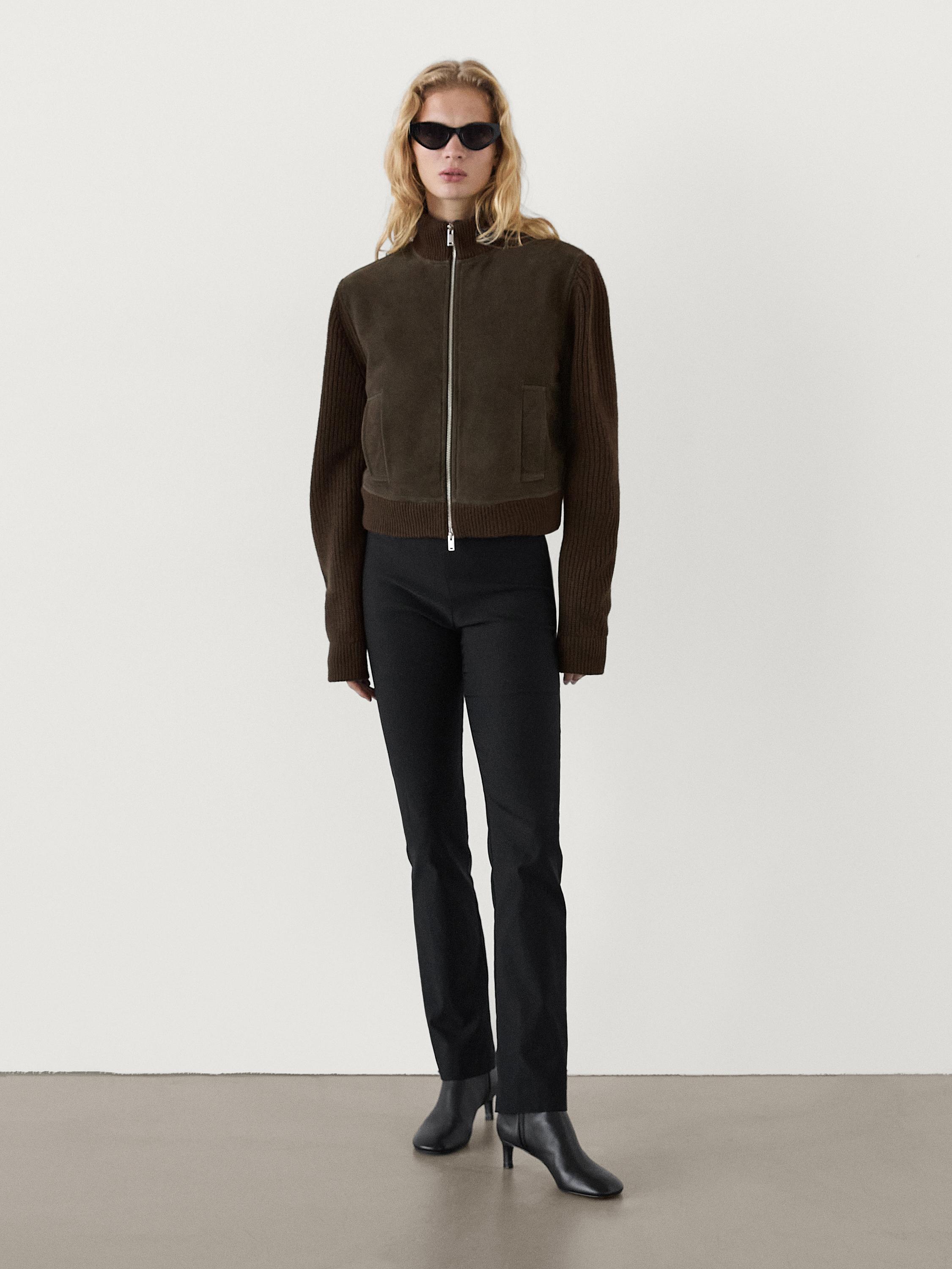 Contrast leather wool blend jacket