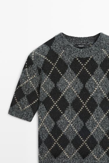 Cashmere-blend short sleeve argyle knit sweater — GREY 9