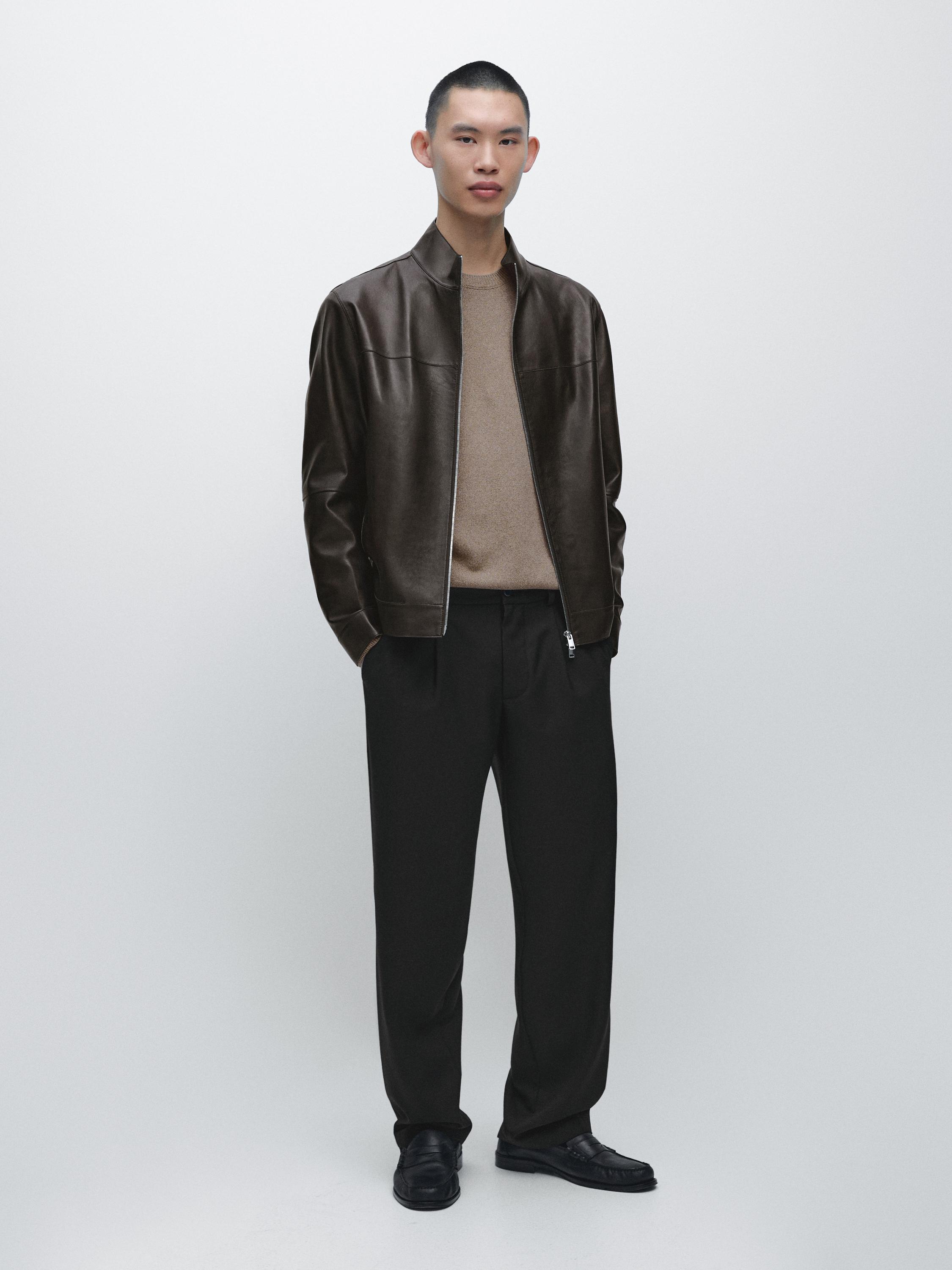 Distressed effect nappa leather jacket — BROWN