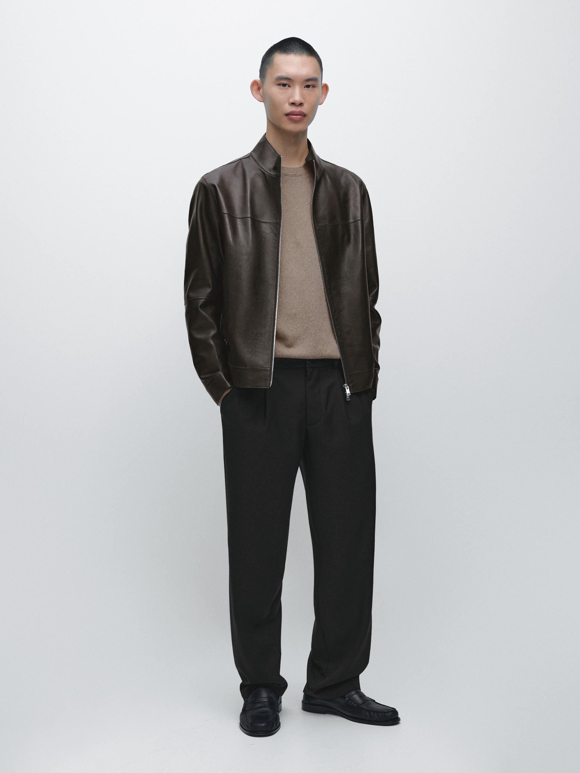 Giubbotto In Pelle Nappa Effetto Consumato - Marrone - M - Massimo Dutti - Maschile