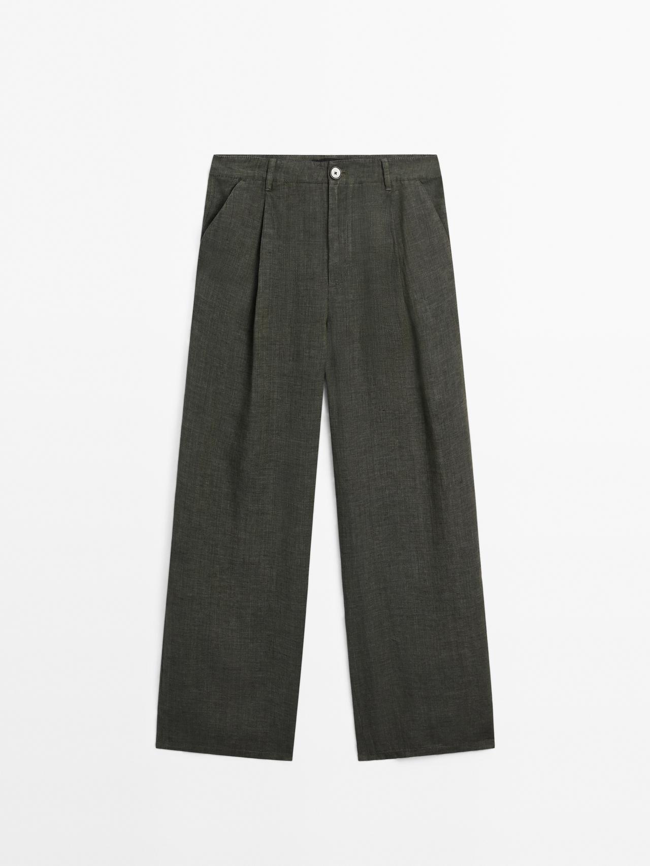 Massimo Dutti - Dame - Bukser I 100 % Hør Med Brede Ben - Grågrøn - 42