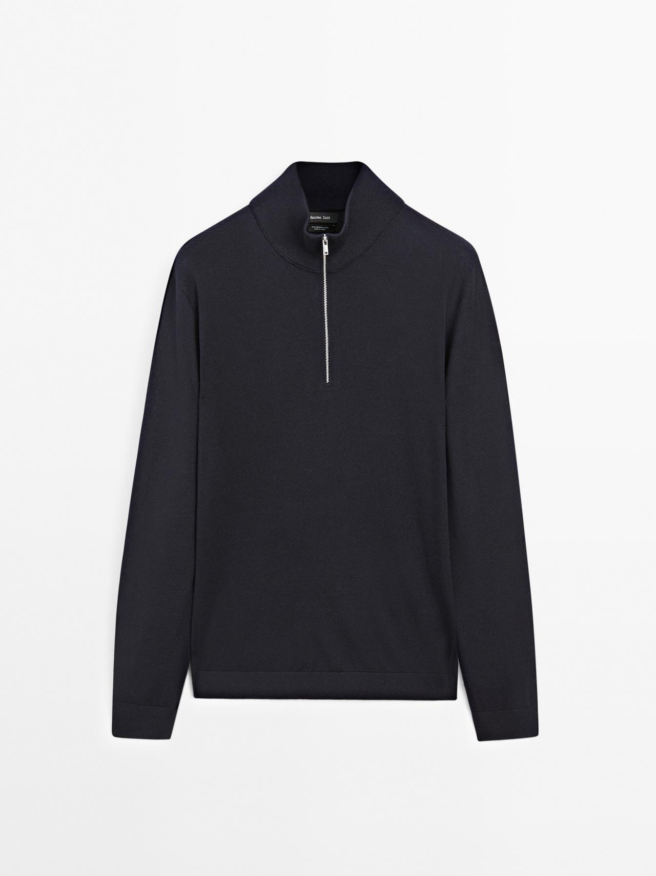 Massimo Dutti - Herre - Striktrøje Med Kvart Lynlås - Marineblå - L