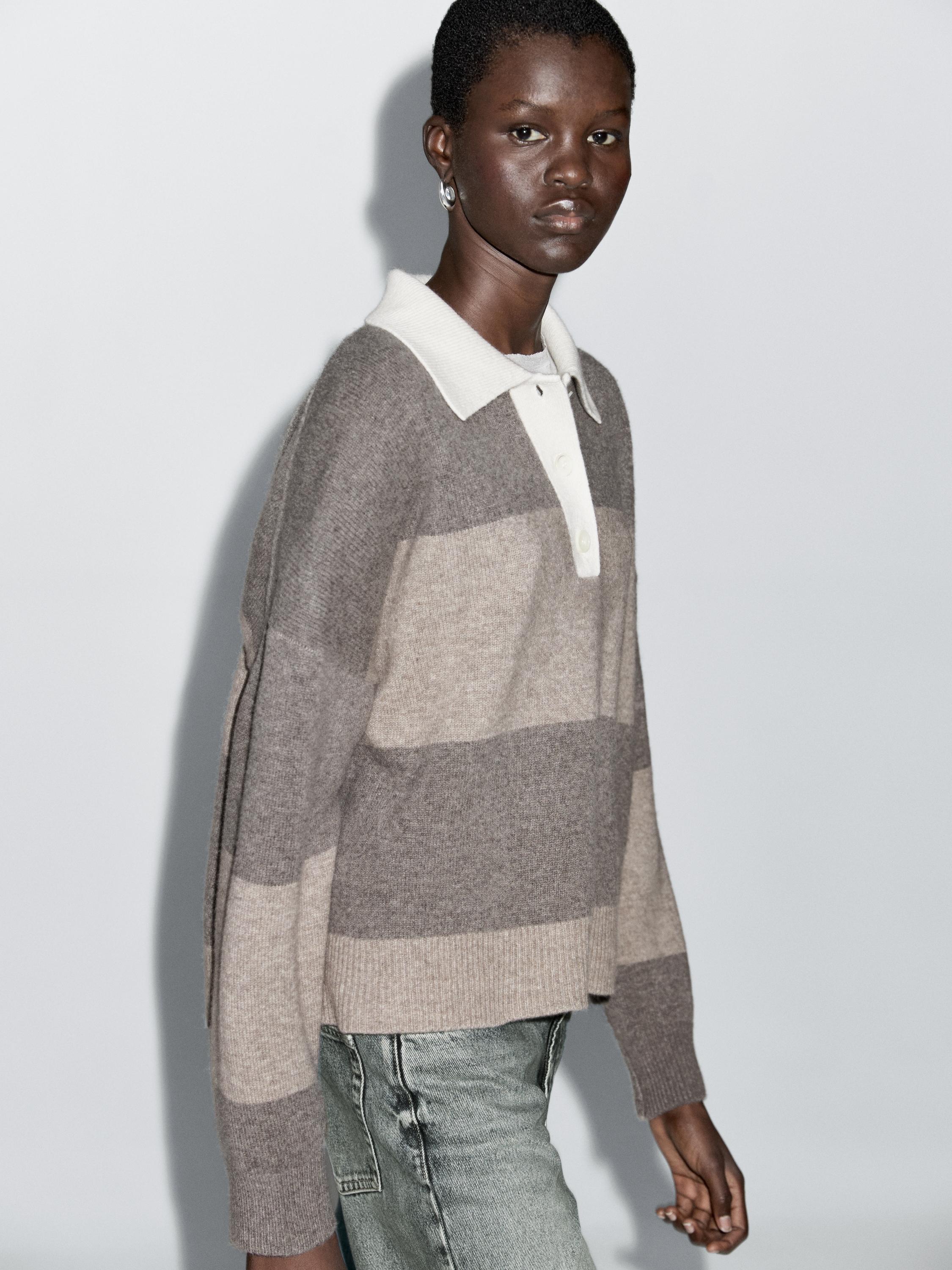 Striped wool blend polo sweater · Mole Brown, Vanilla · Sweaters