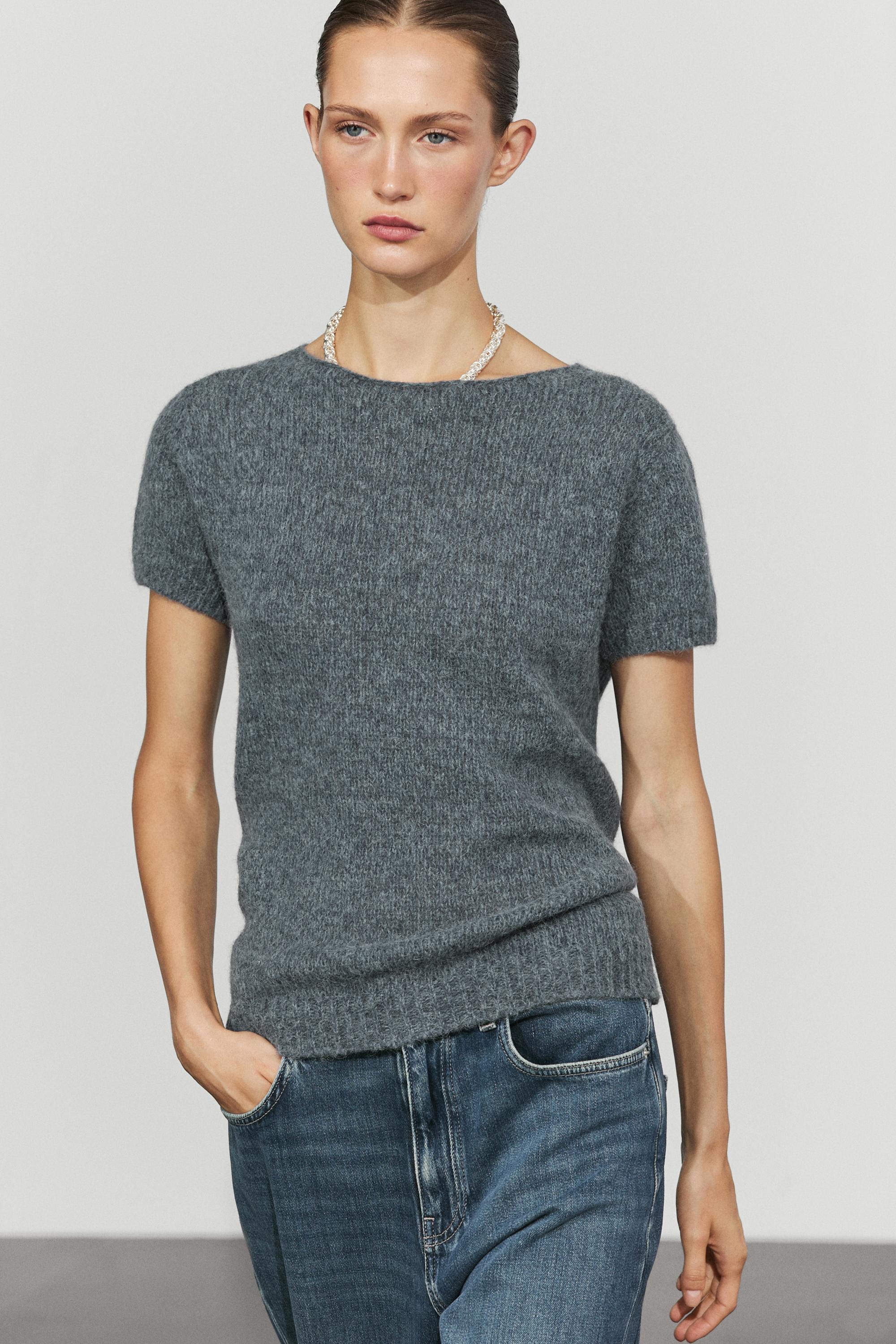 Short sleeve alpaca blend knit sweater