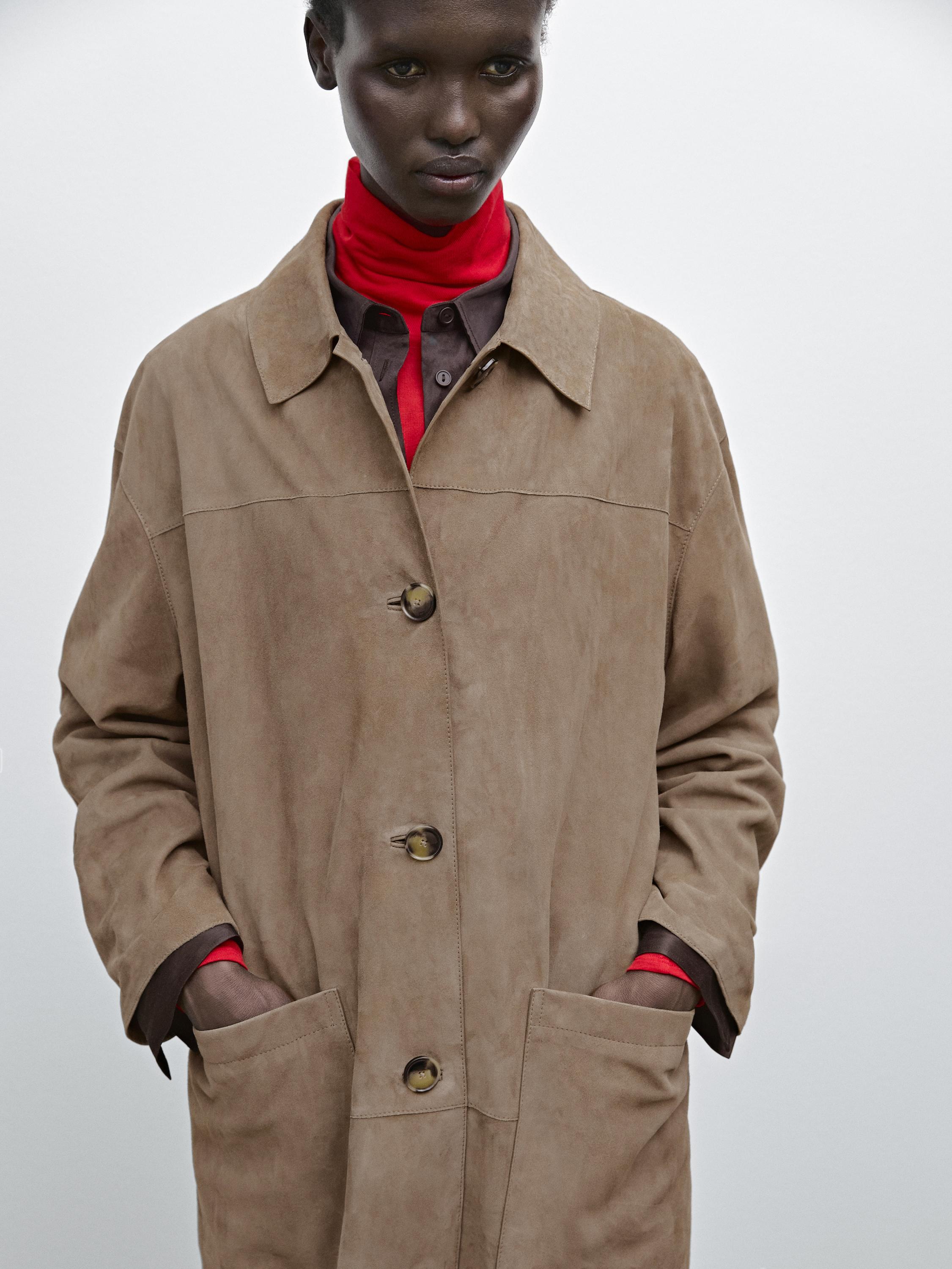 Suede leather trench coat