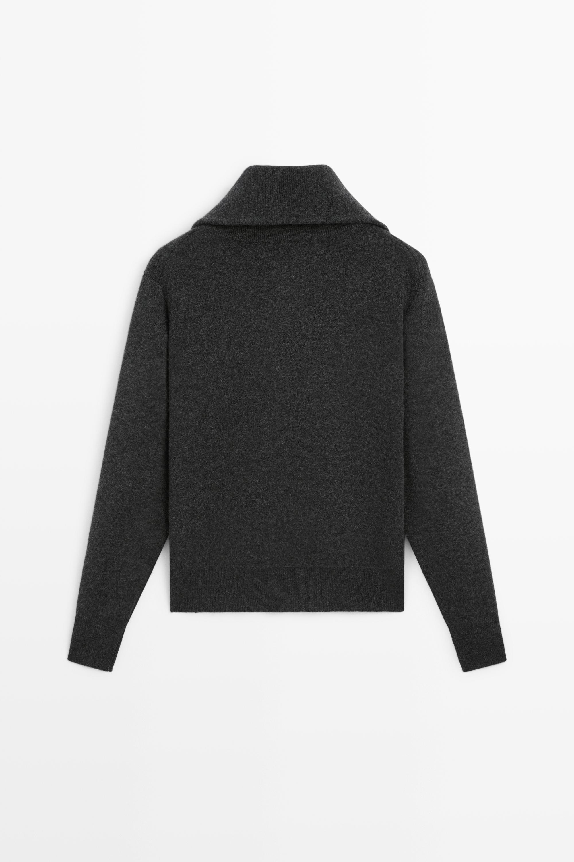 Wide collar zip-up knit sweater — ANTHRACITE GREY