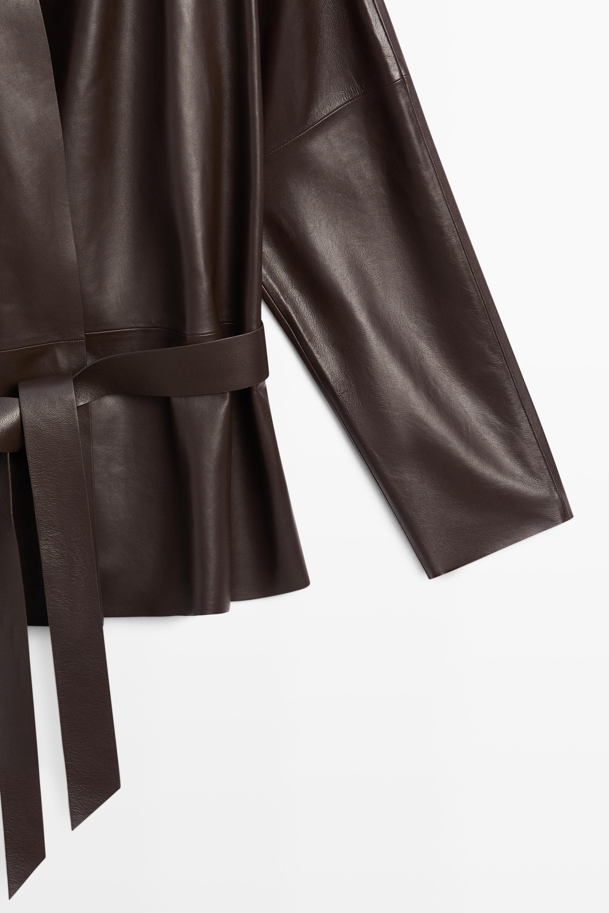 Wrap-front nappa leather jacket with tie detail — BROWN