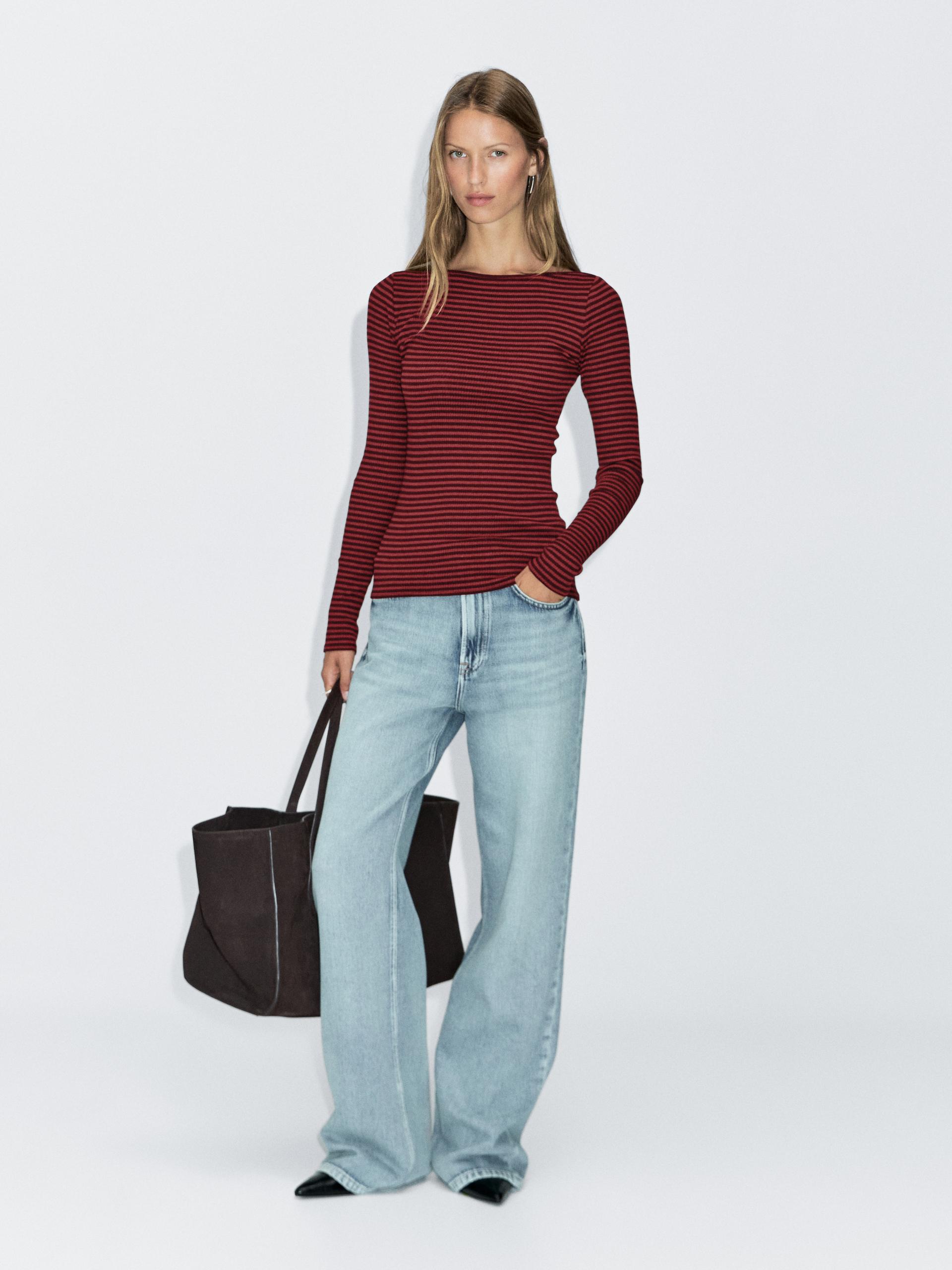 Camiseta Manga Larga Rayas Detalle Ribetes - Rojo - Xs - Massimo Dutti - Mujer