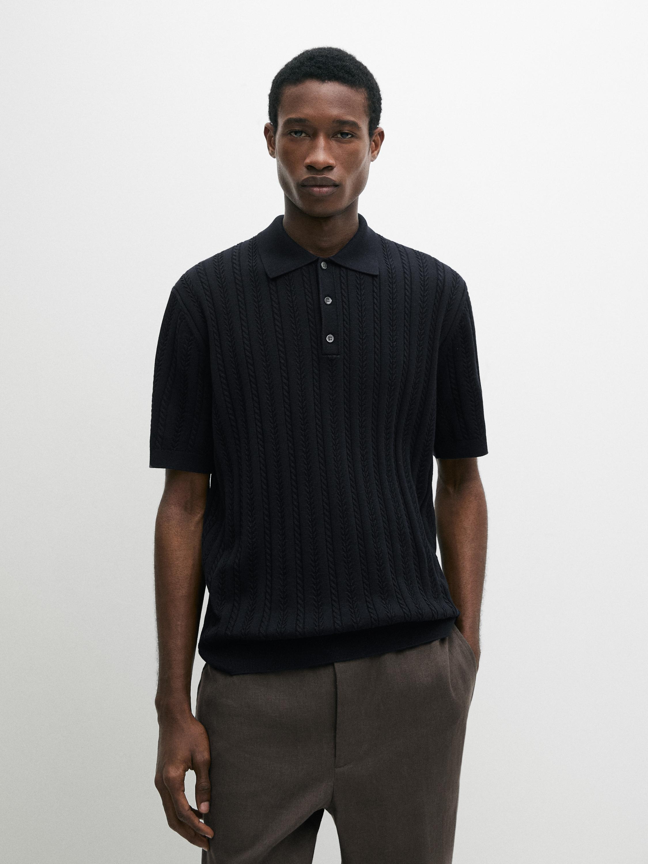 Cotton blend cable-knit polo sweater — NAVY BLUE