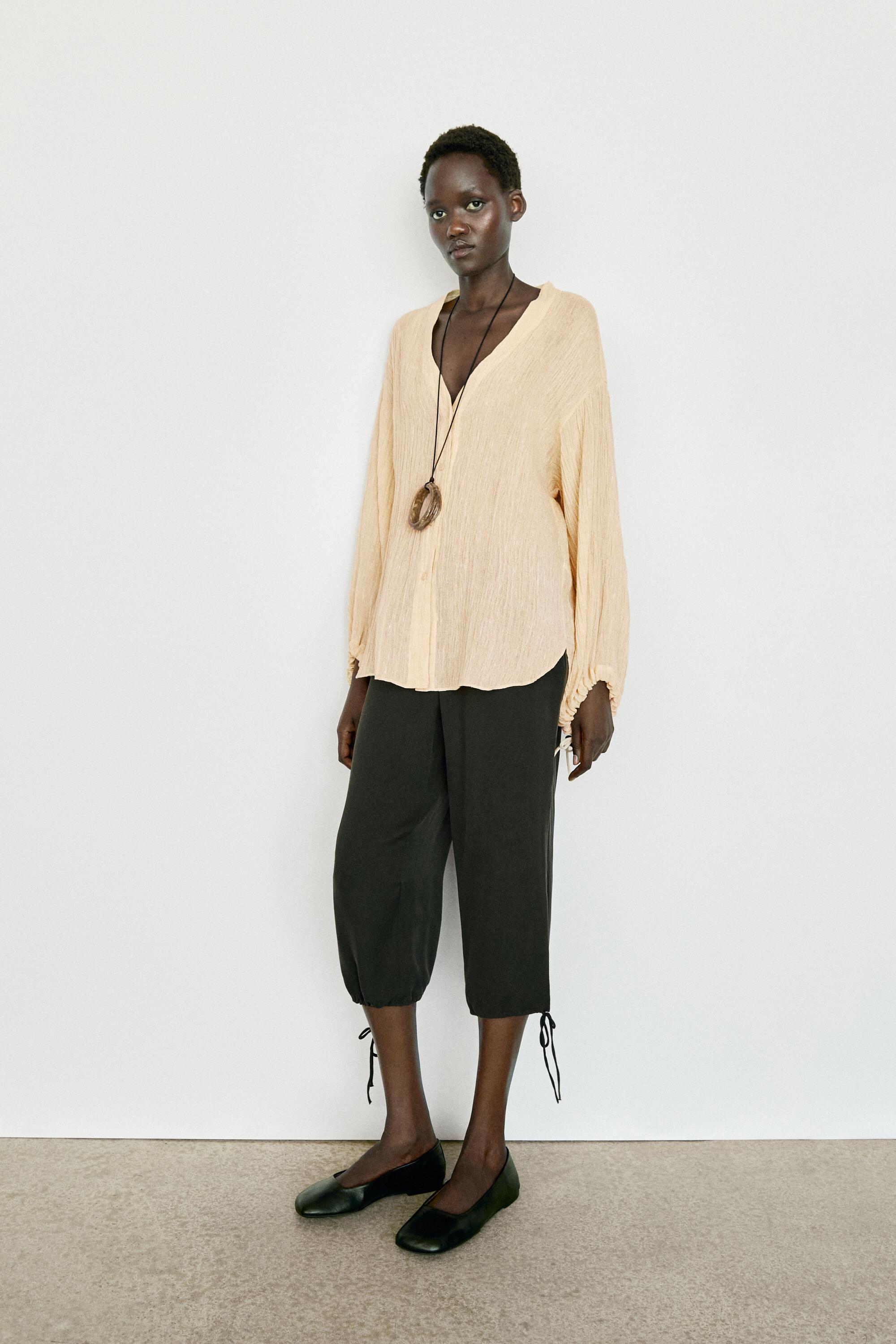 Pleated linen blend shirt — Vanilla