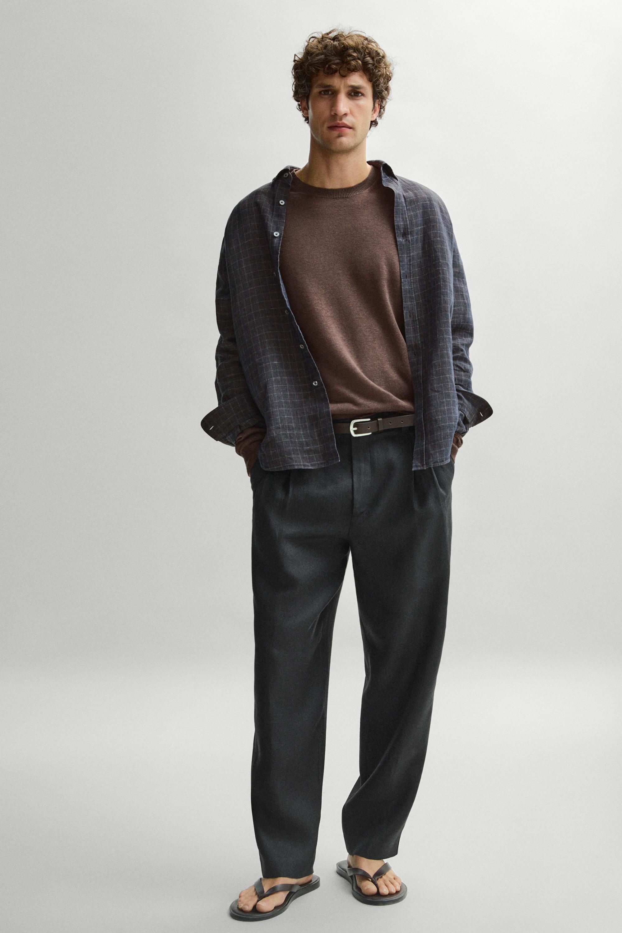 100% linen trousers with double darts — BLACK