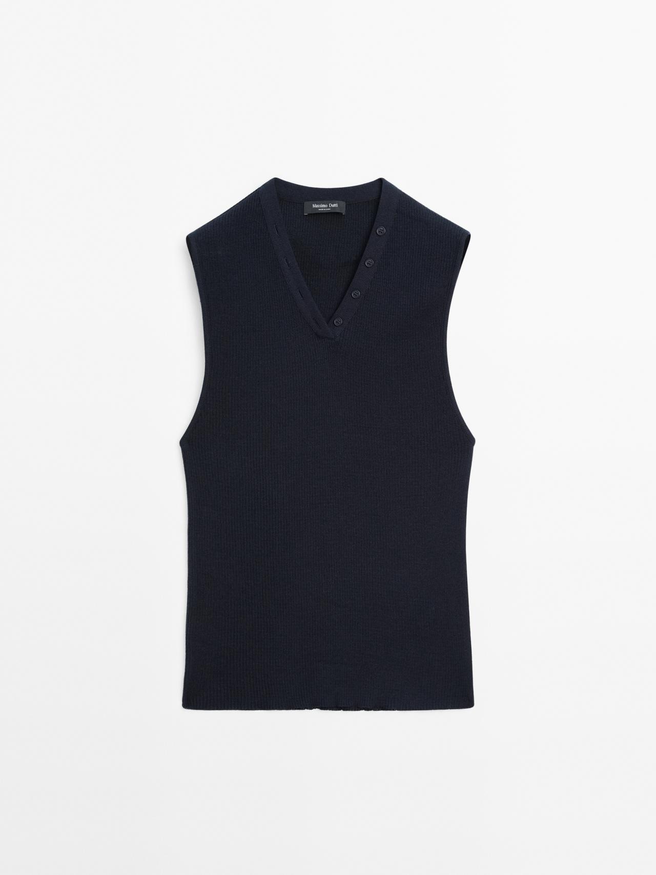 Massimo Dutti - Dame - Top I Rib Med Halsdetalje - Marineblå - M