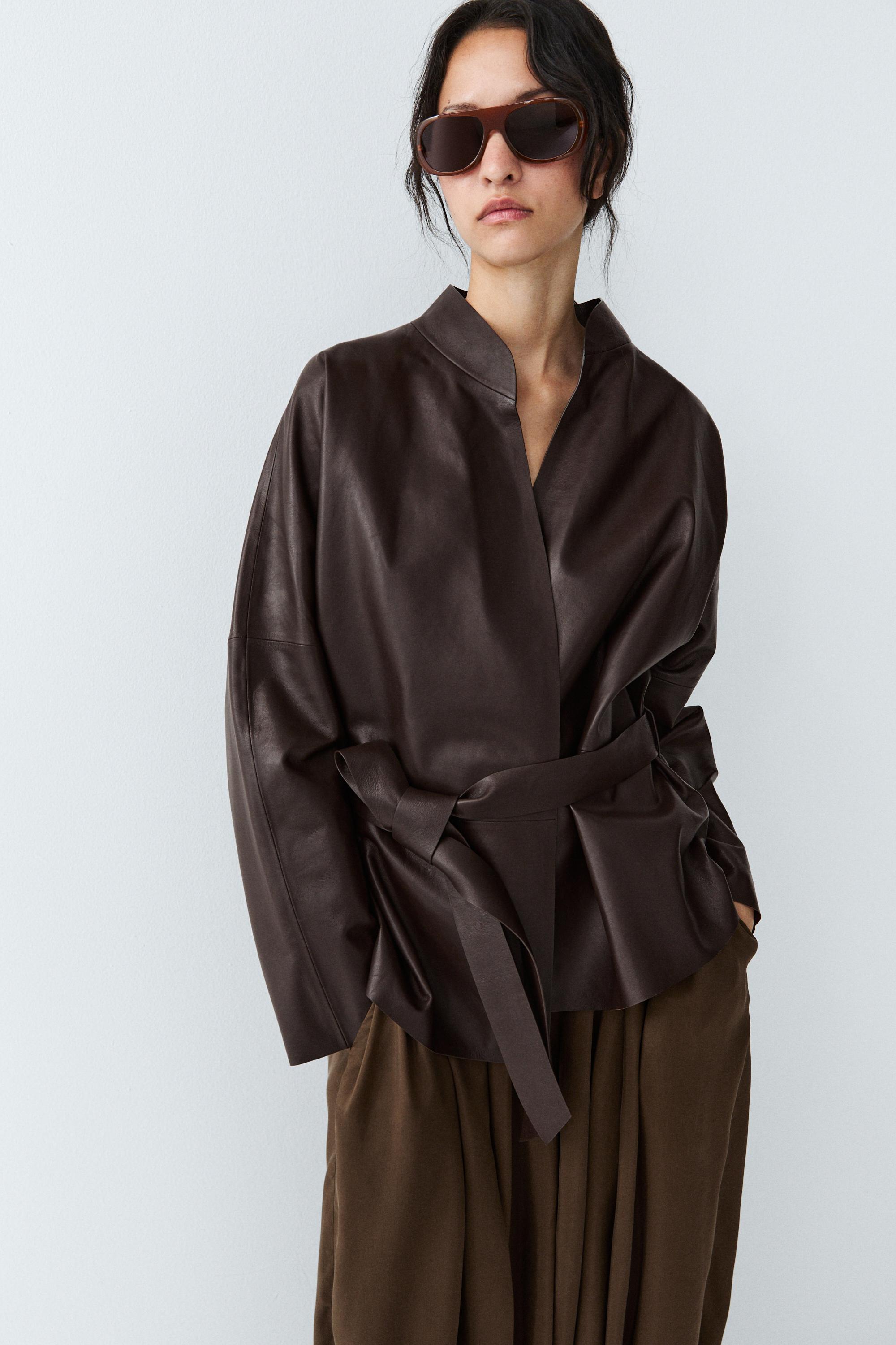 Wrap-front nappa leather jacket with tie detail — BROWN