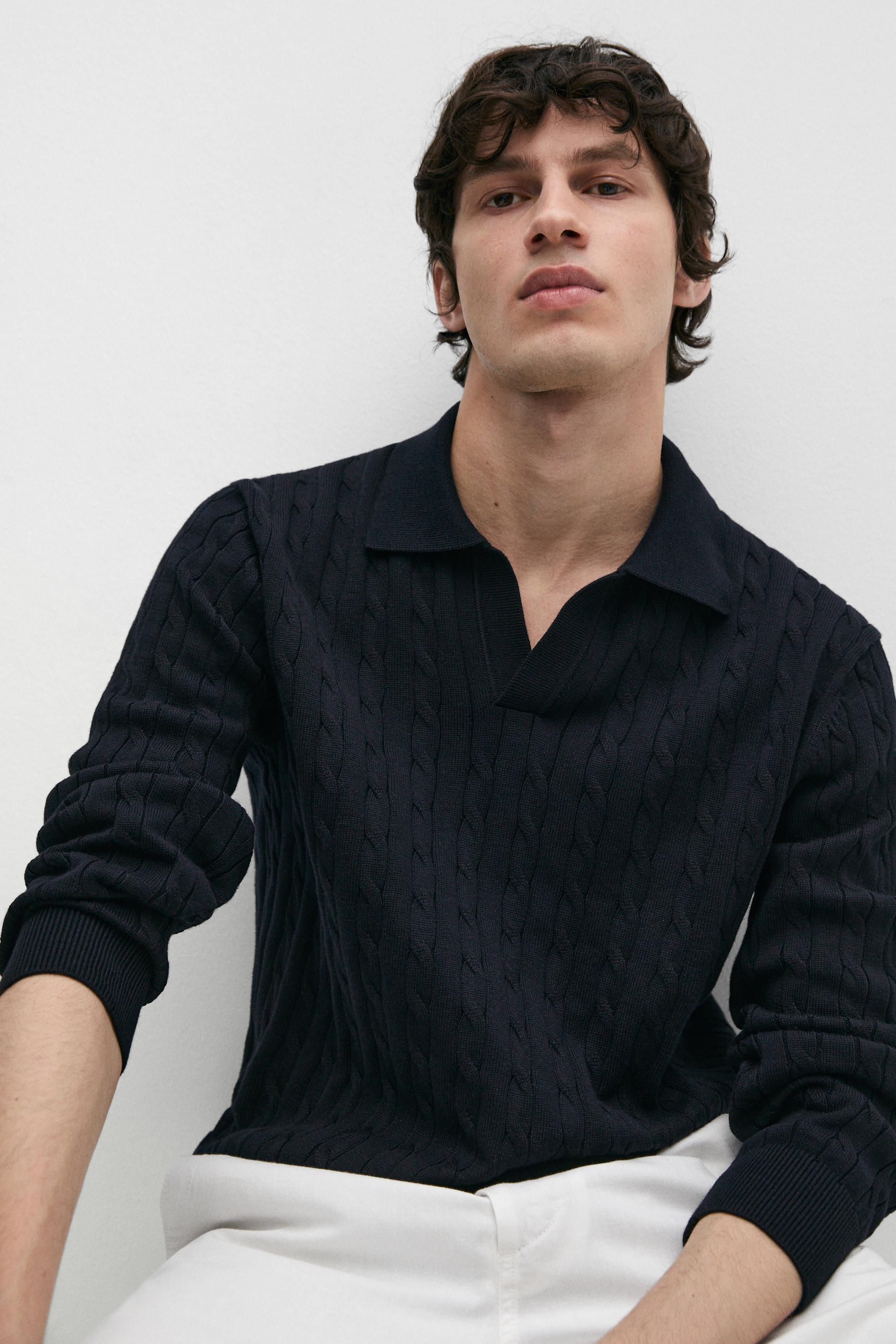 100% Cotton Cable-Knit Polo Sweater — NAVY BLUE