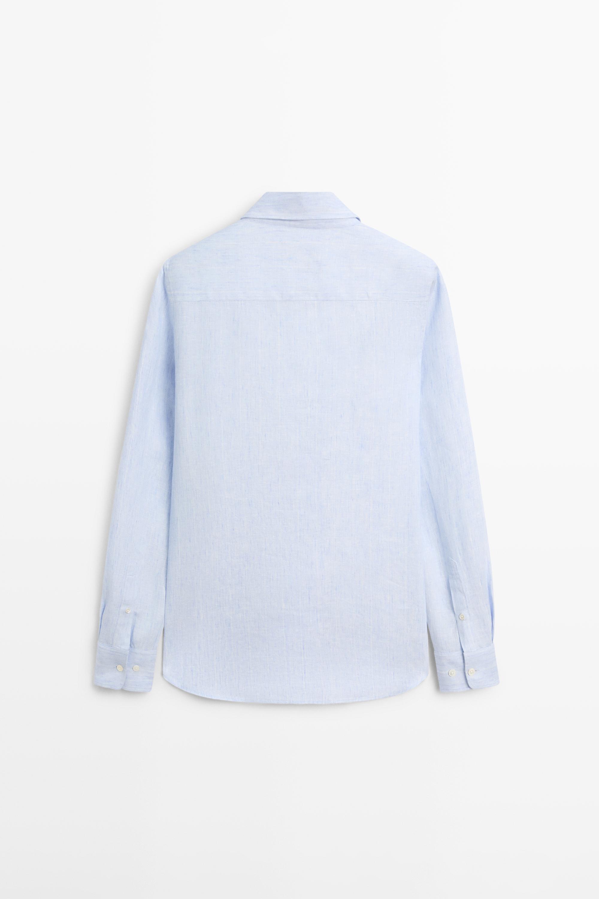 100% linen regular fit striped shirt — Light Blue