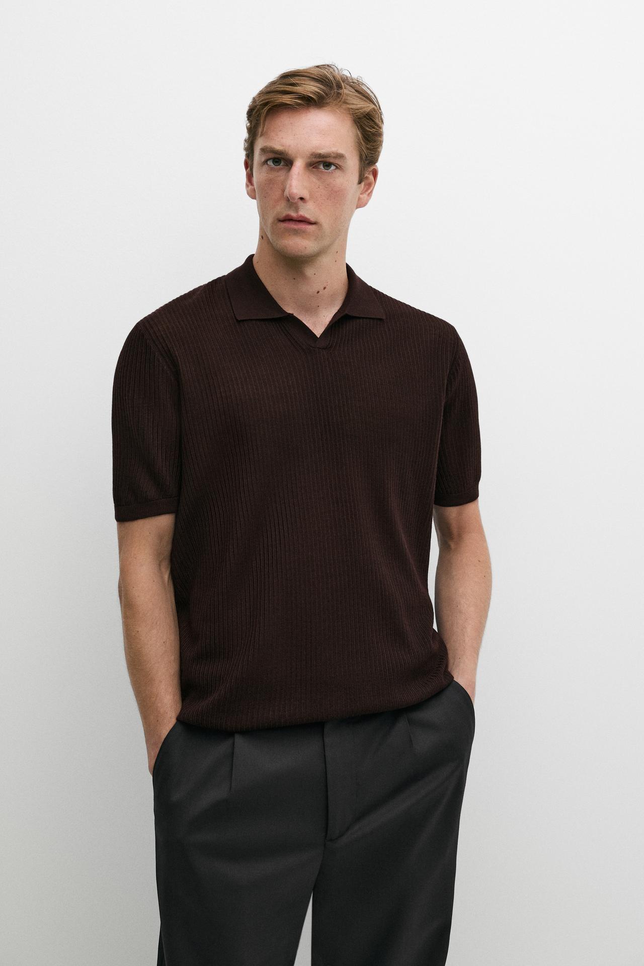 Wool blend short sleeve knit polo — MAROON