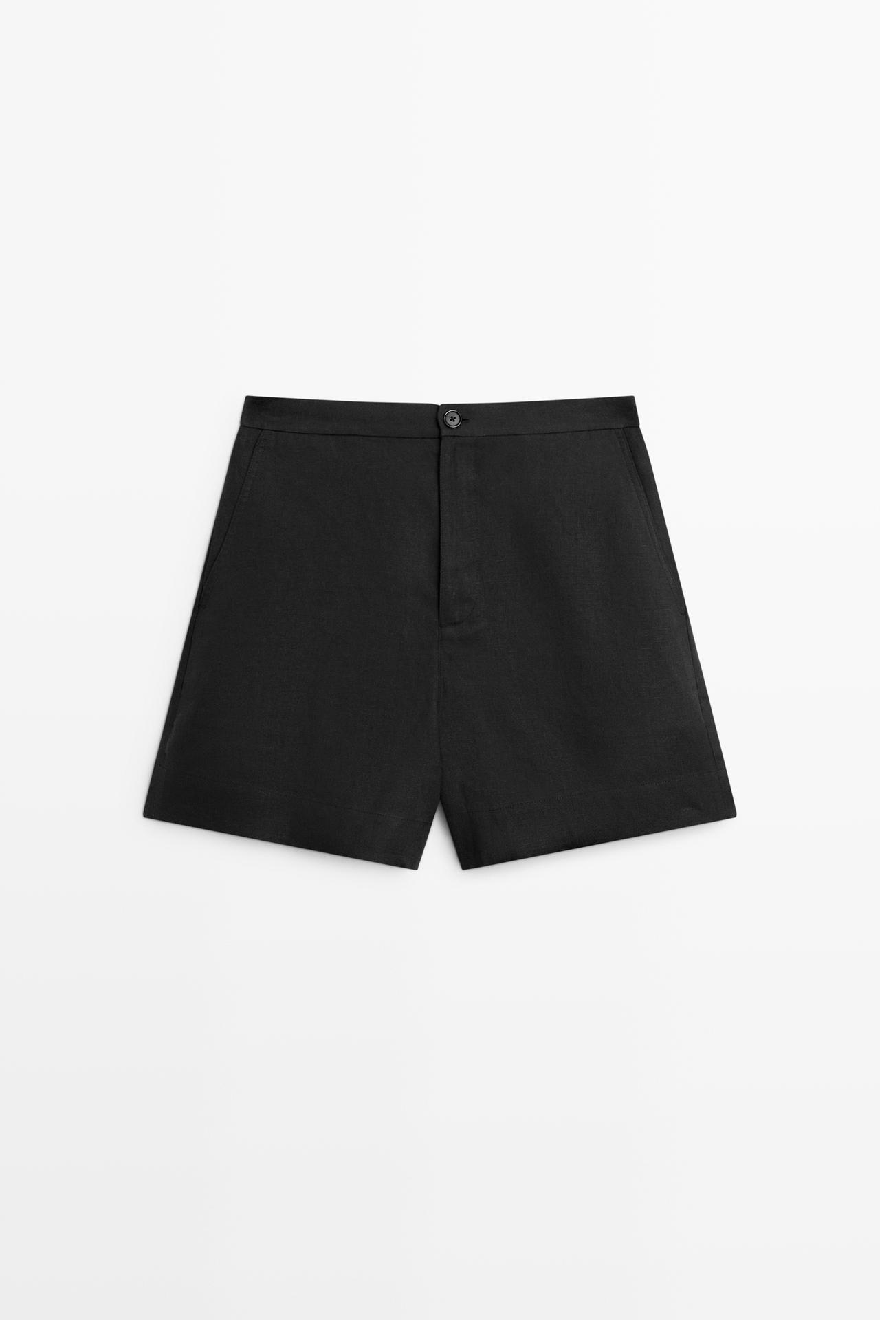 100% linen short Bermuda shorts — BLACK