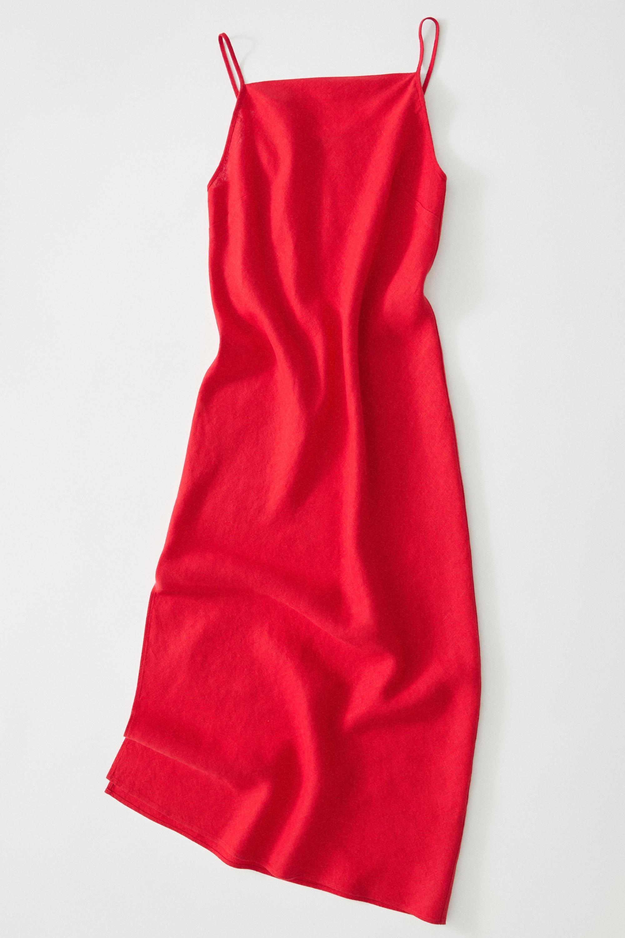 100% linen midi dress with straight neckline — RED