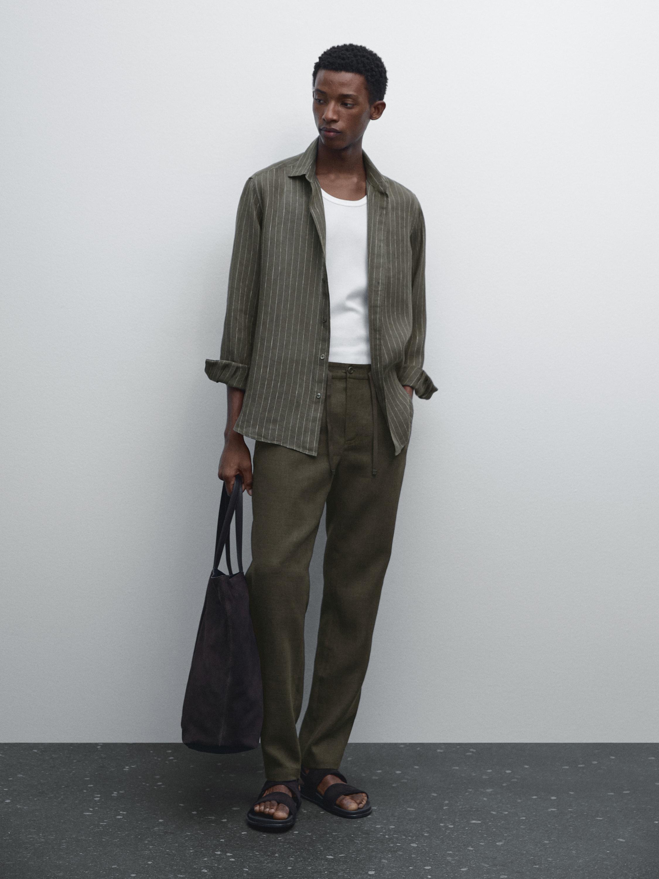 Regular fit striped 100% linen shirt