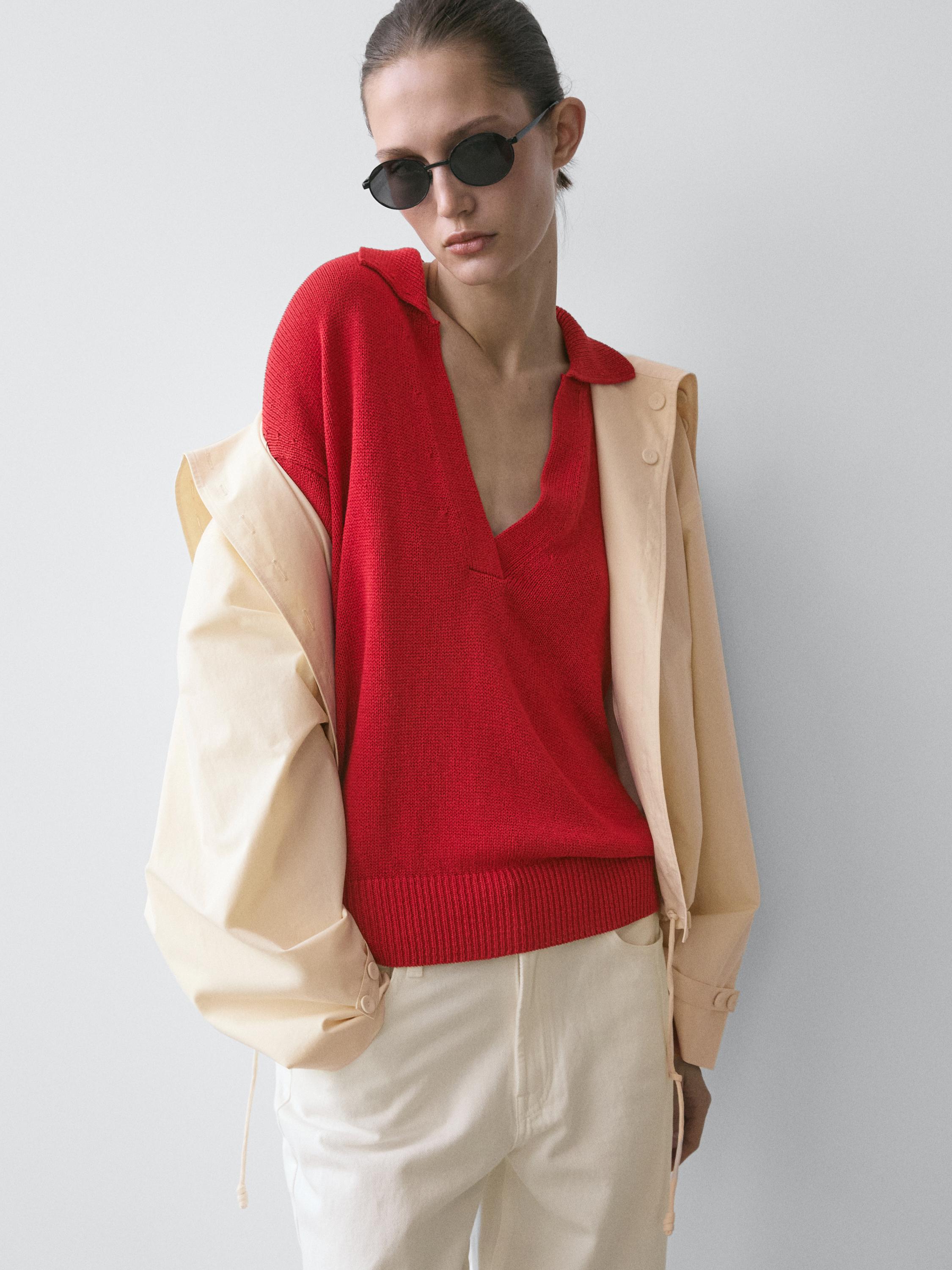 Flowing knit polo sweater — RED