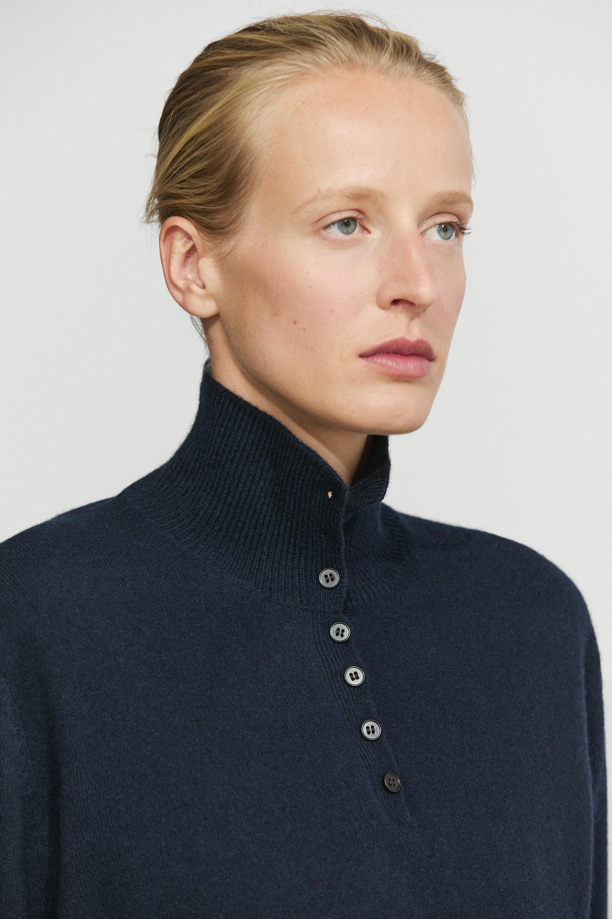 High neck knit sweater with button detail — NAVY BLUE
