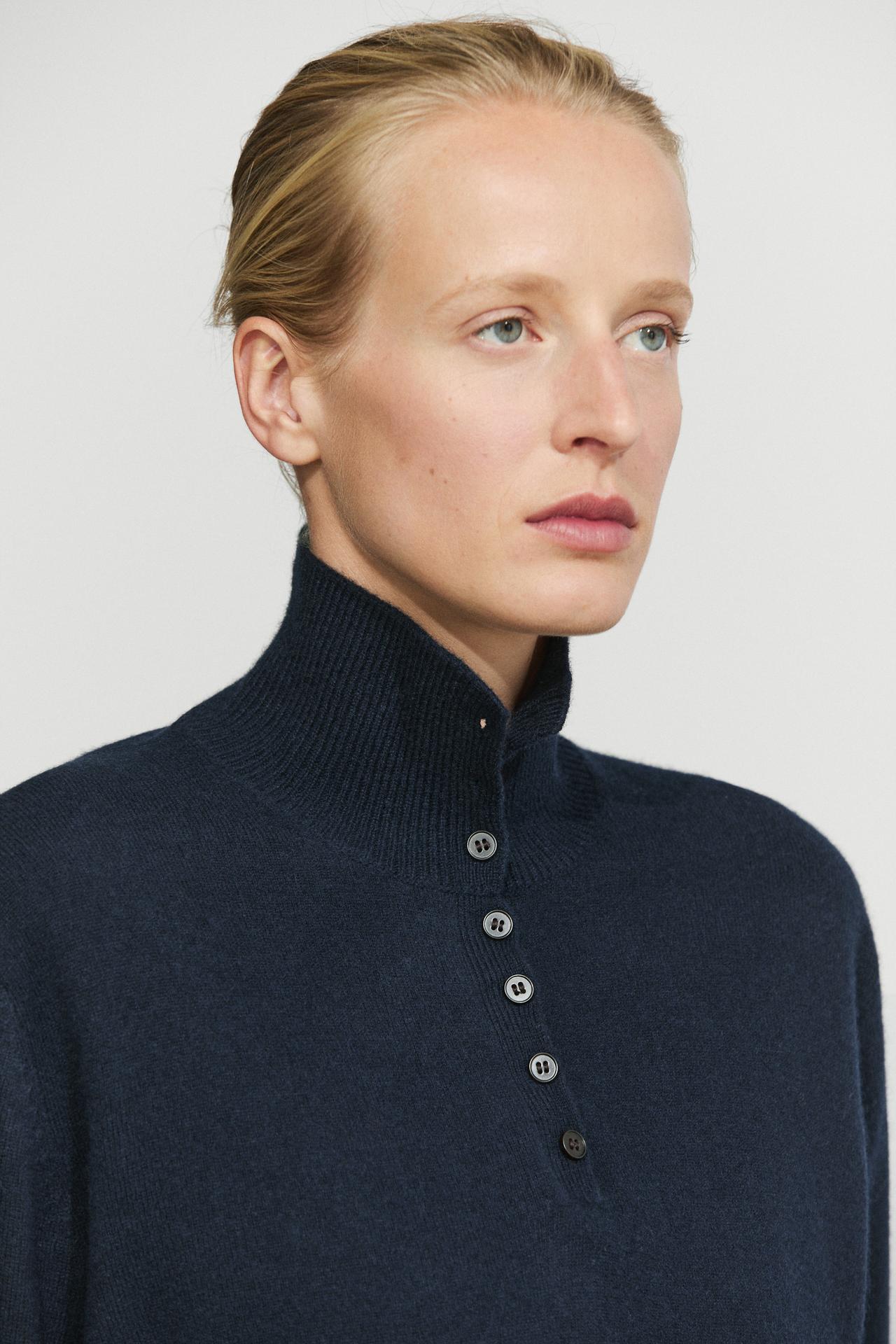 High neck knit sweater with button detail — NAVY BLUE