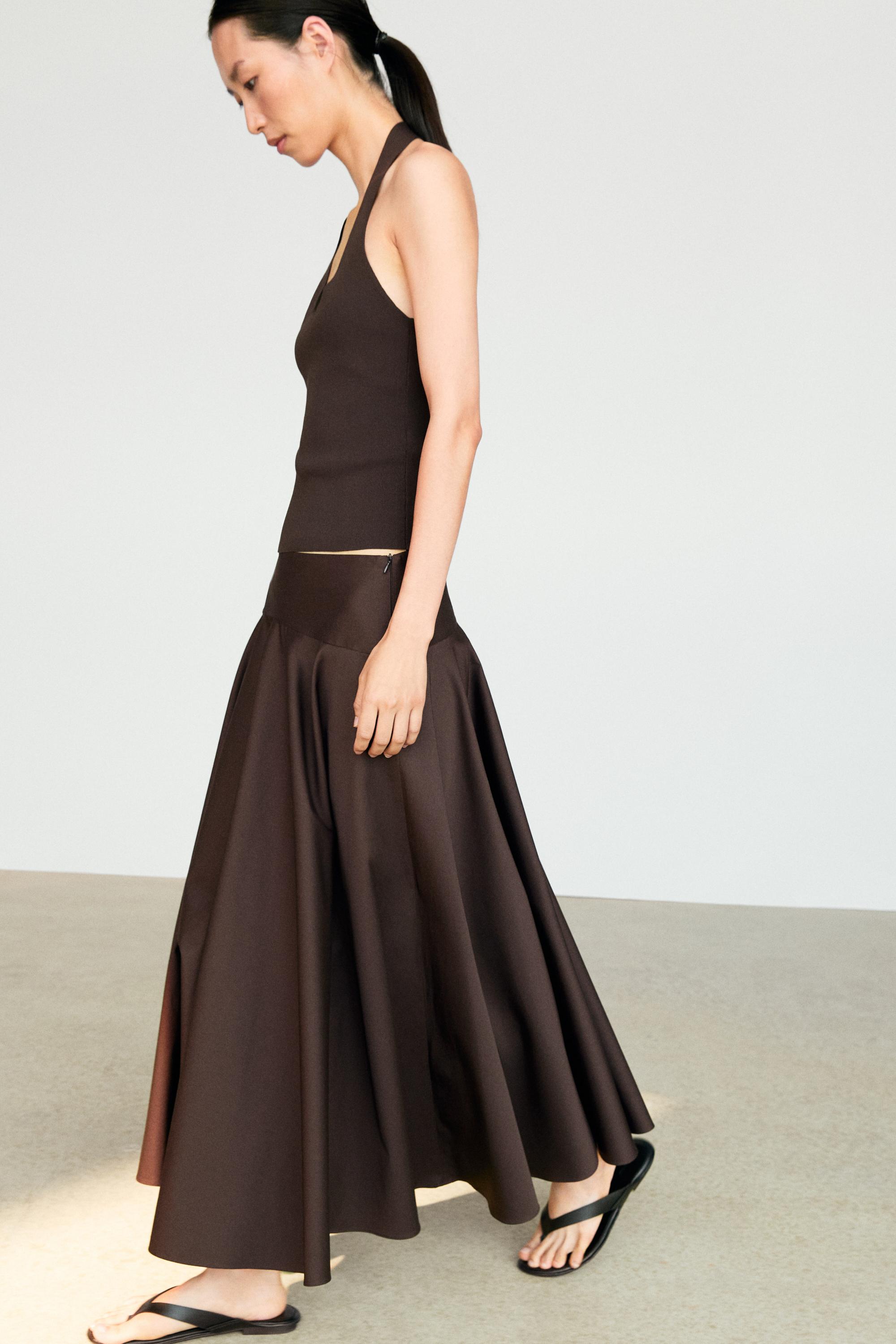 Flounce midi skirt with yoke detail — BROWN