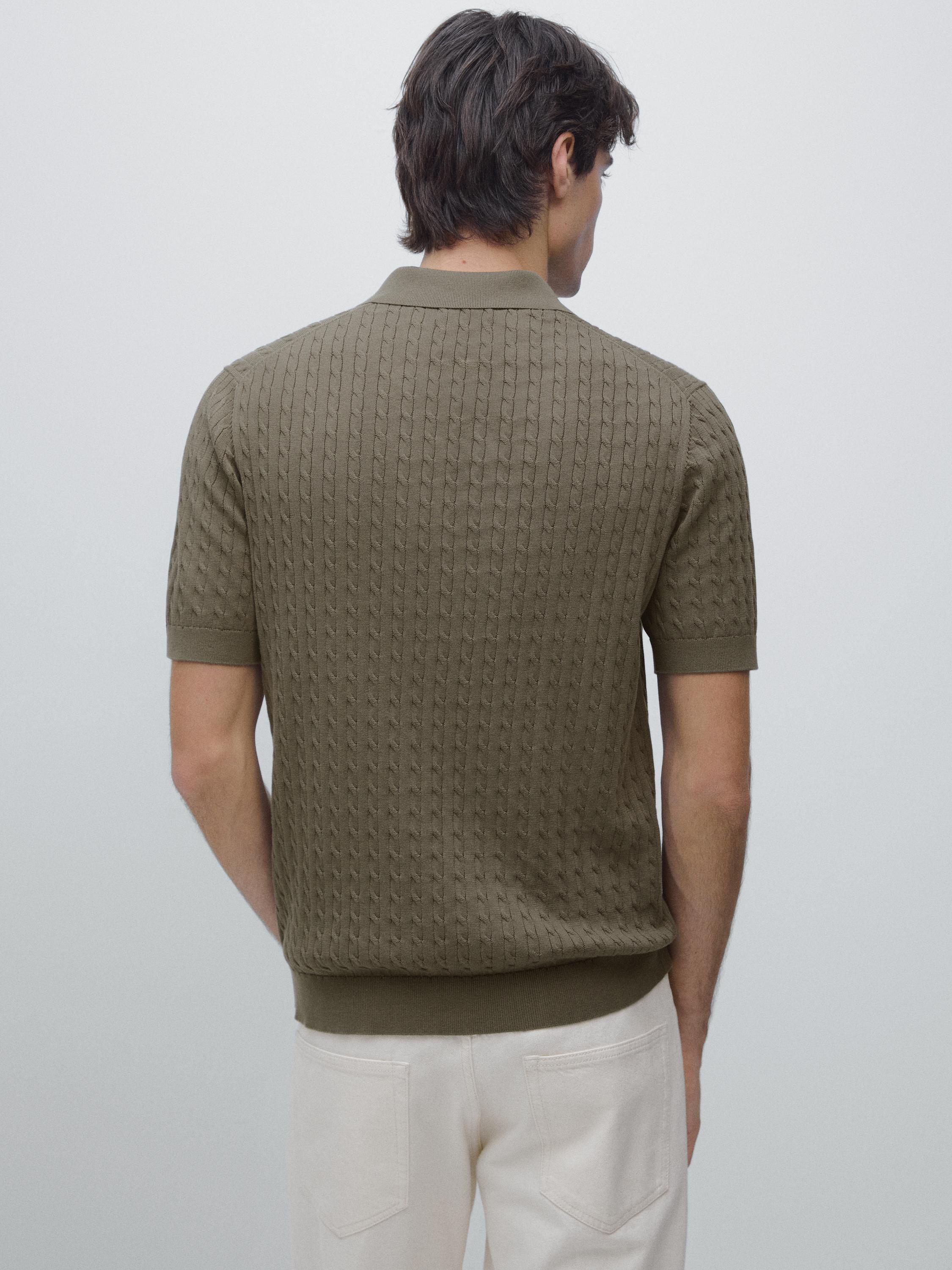 100% cotton cable-knit polo shirt — Khaki