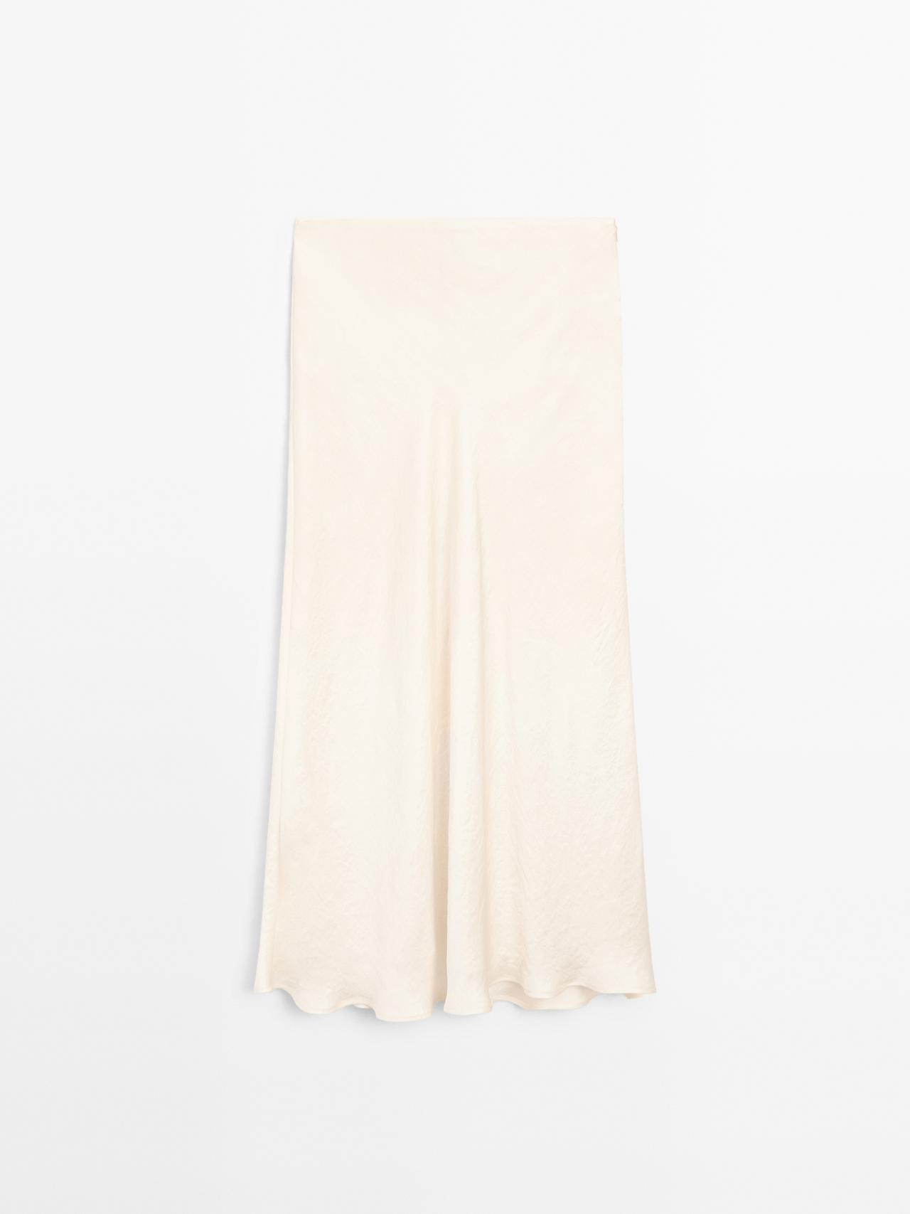 Massimo Dutti - Dame - Løs Midinederdel I Satin - Råhvid - Xl