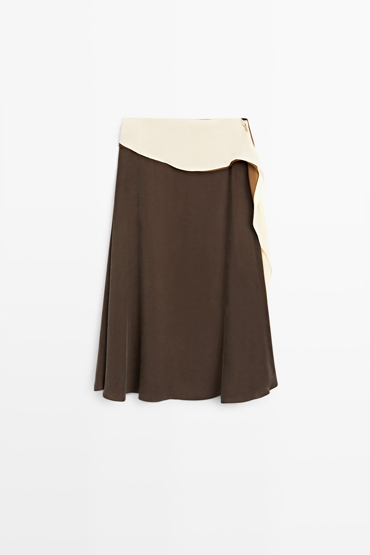 Contrast Ruffle Midi Skirt — BROWN