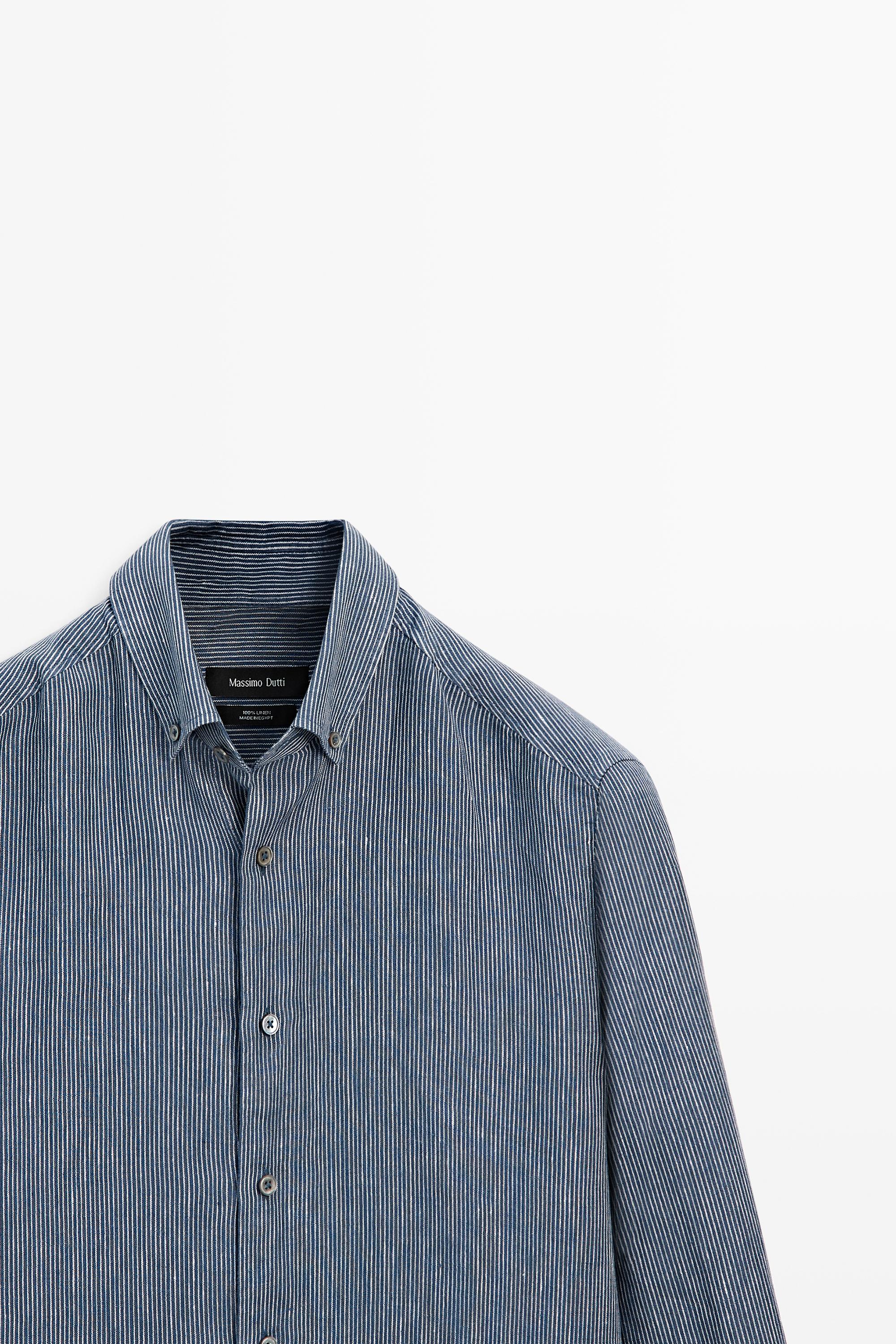 100% linen pinstriped regular fit shirt — NAVY BLUE