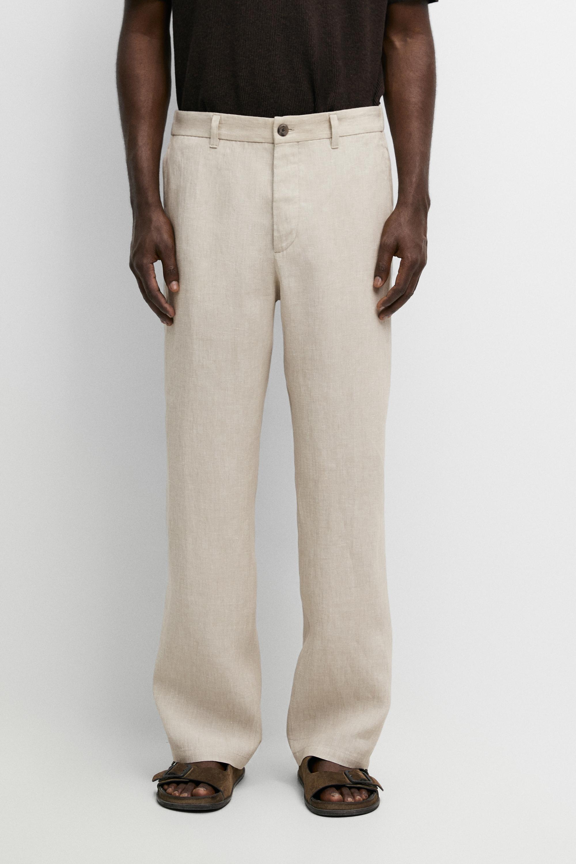 100% Linen Elastic-Waist Pants — BEIGE
