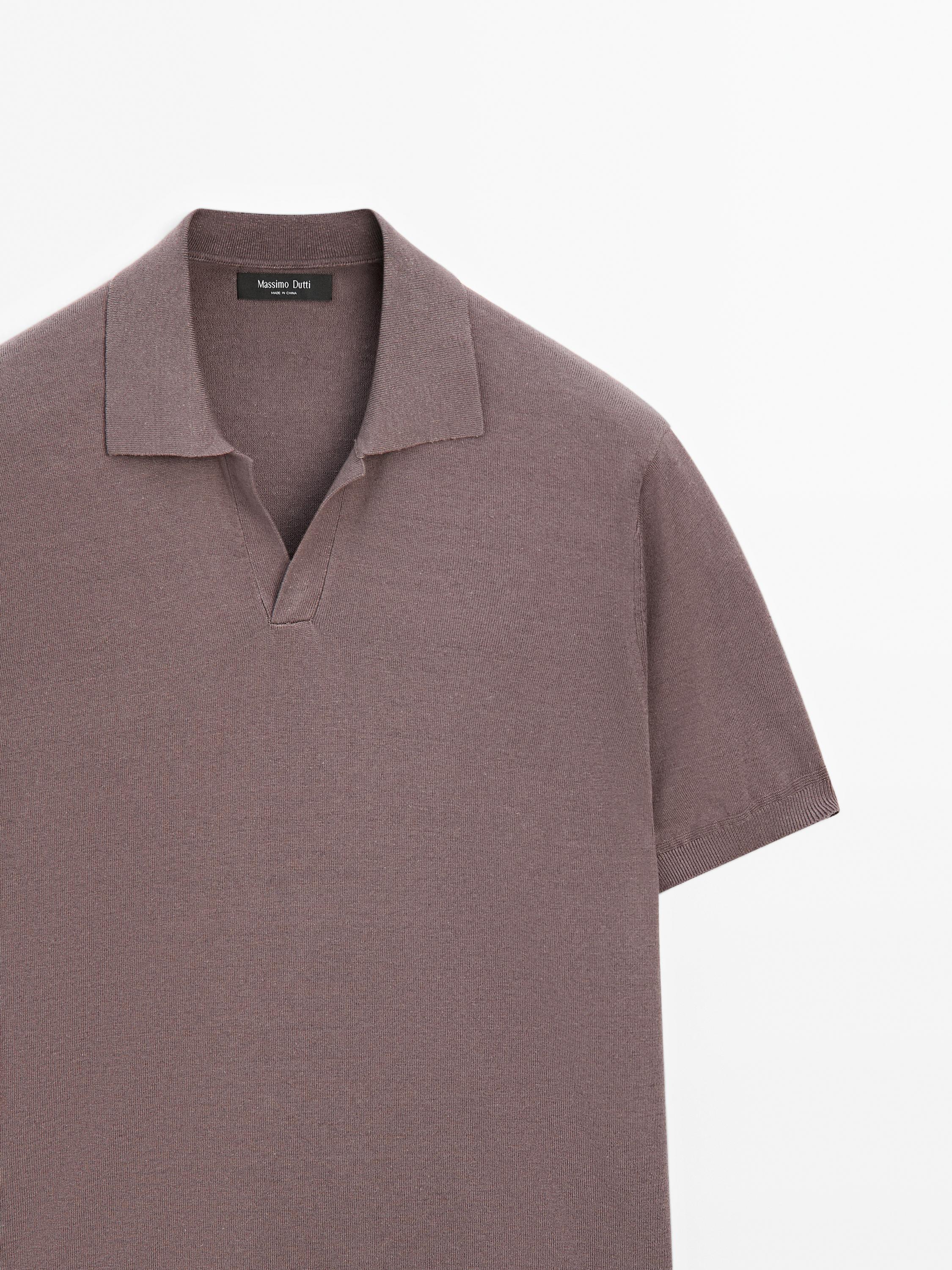 Linen blend knit V-neck polo shirt