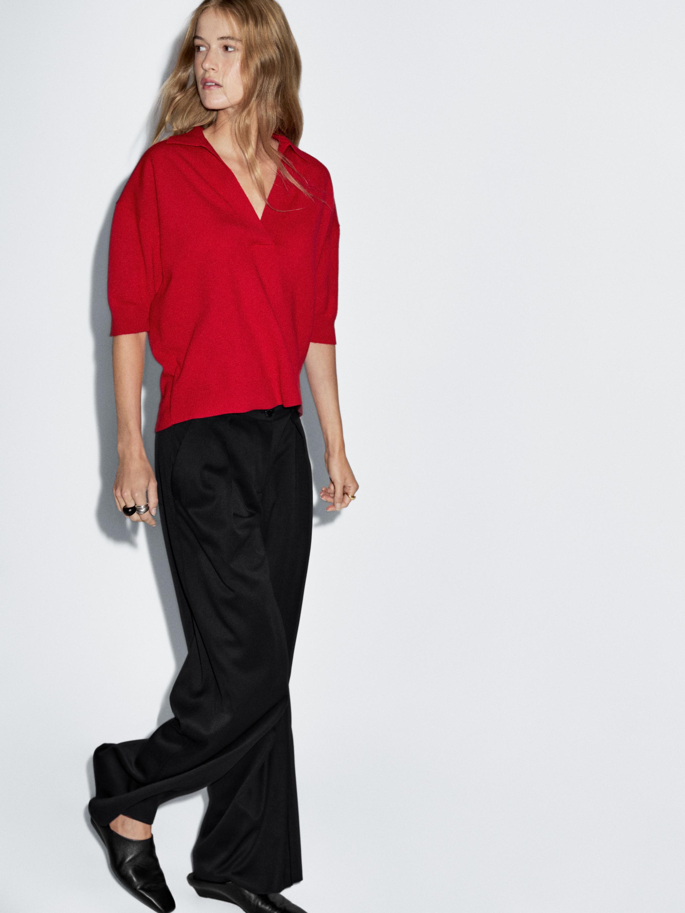 Wool blend knit V-neck polo shirt