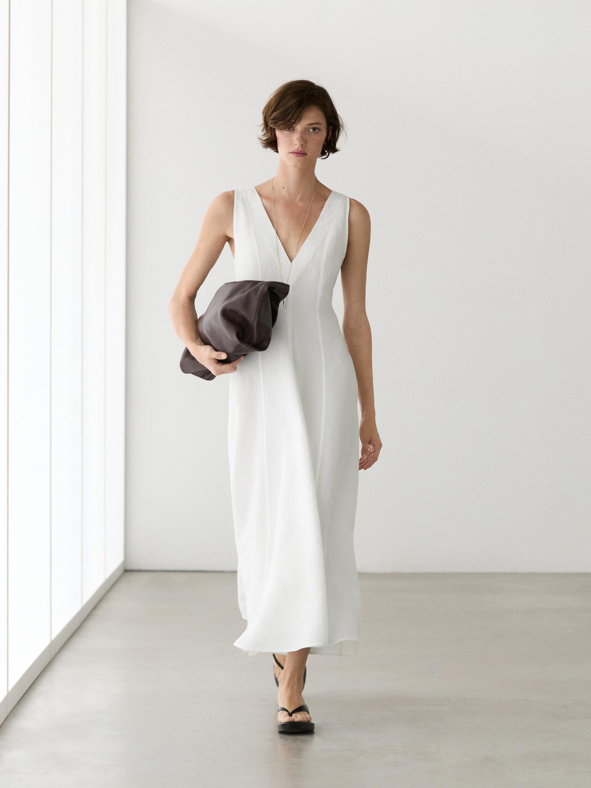 Vestito Midi Fluido In Lino - Bianco - 38 (It 42) - Massimo Dutti - Femminile