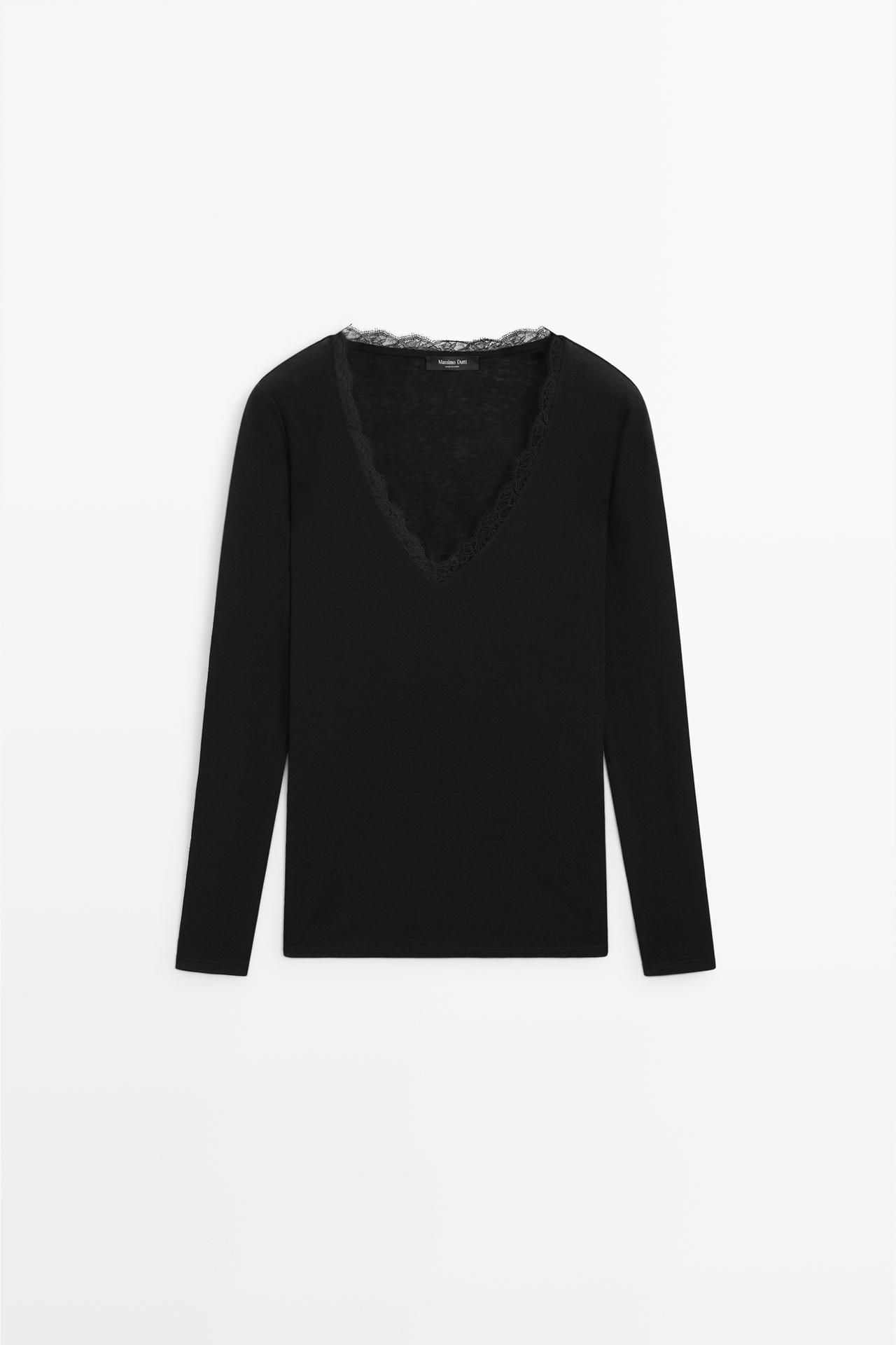 Long sleeve T-shirt with lingerie-inspired detail — BLACK