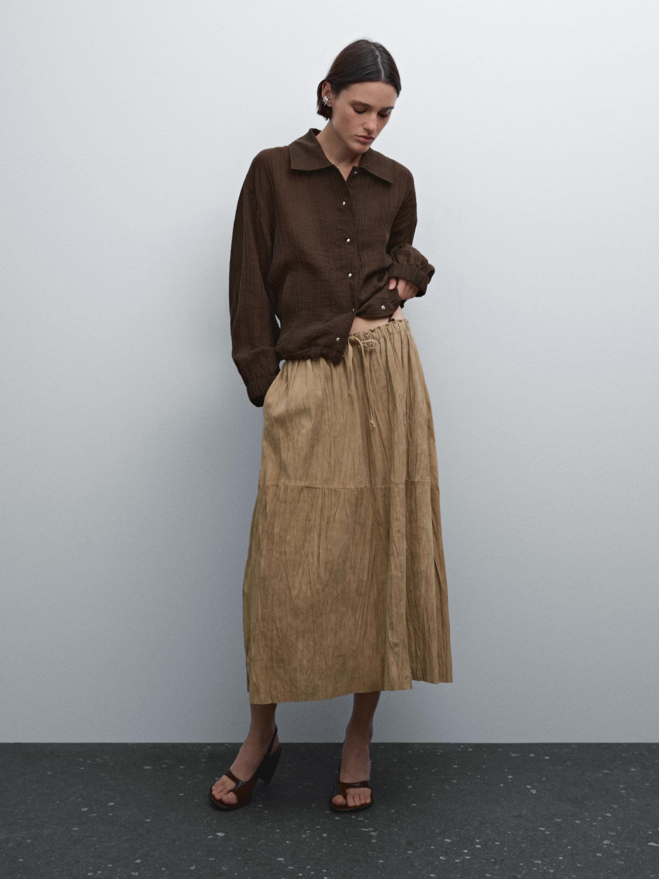 Straight suede leather midi skirt