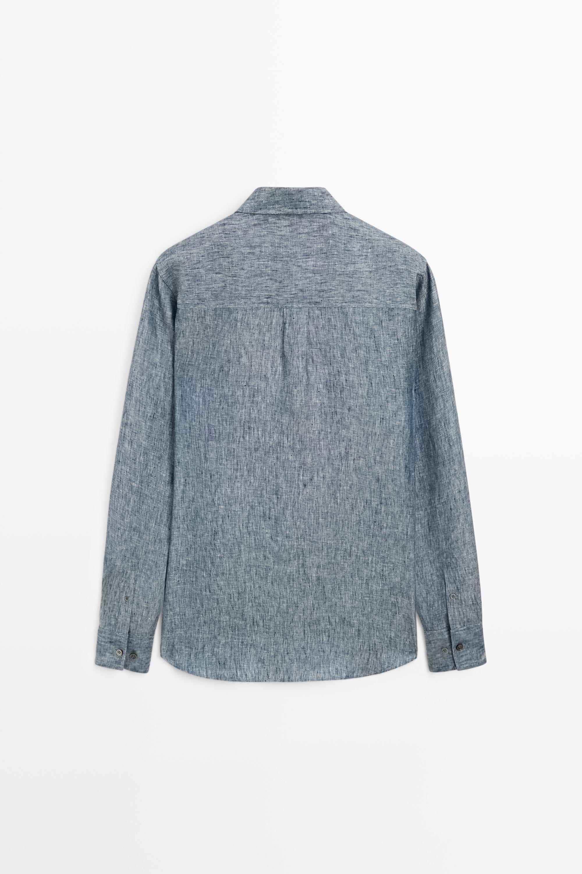 Regular fit melange twill 100% linen shirt — NAVY BLUE