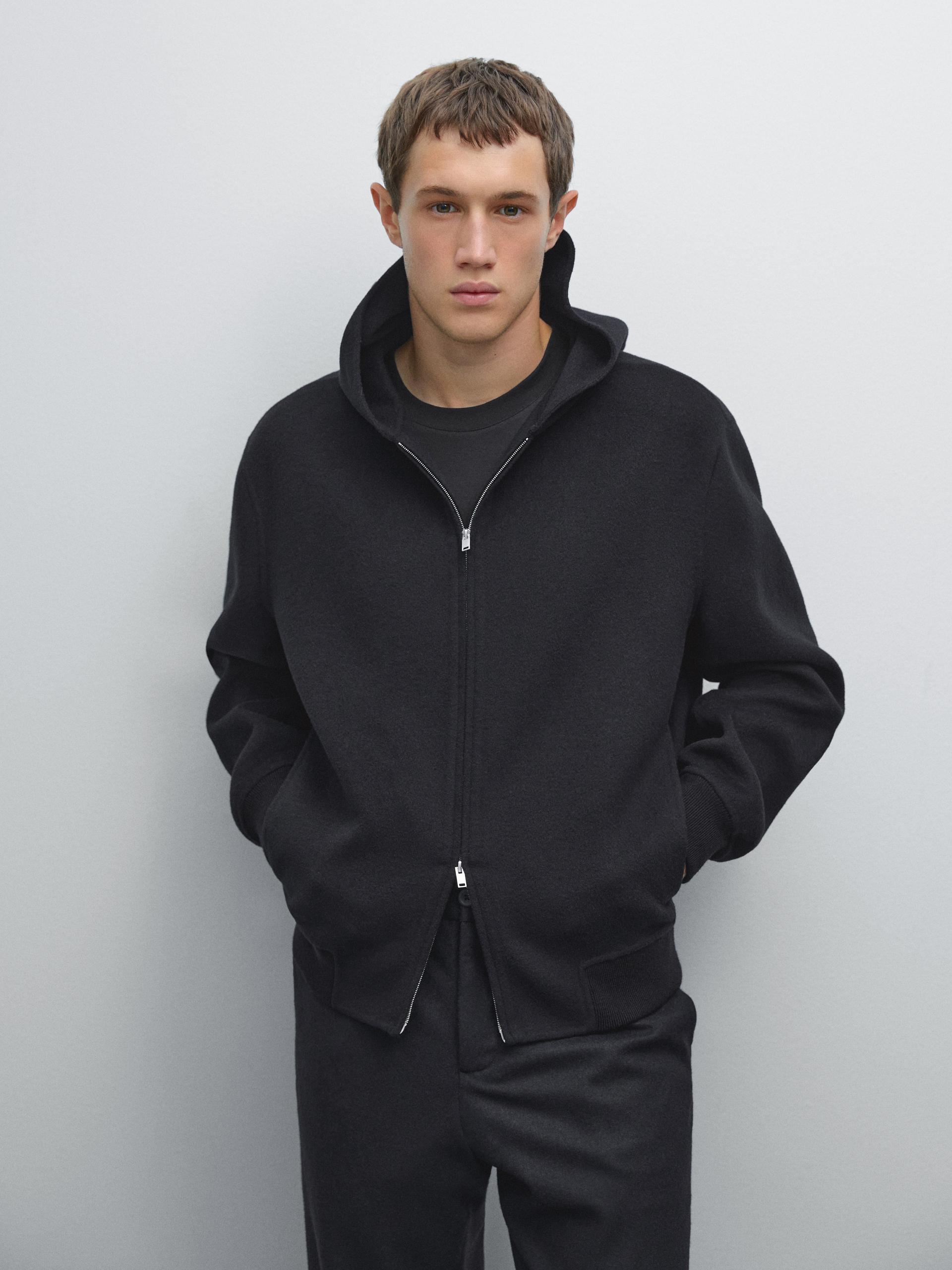 Giacca Con Cappuccio In Tessuto Doppio Misto Lana - Blu Marino - L - Massimo Dutti - Maschile