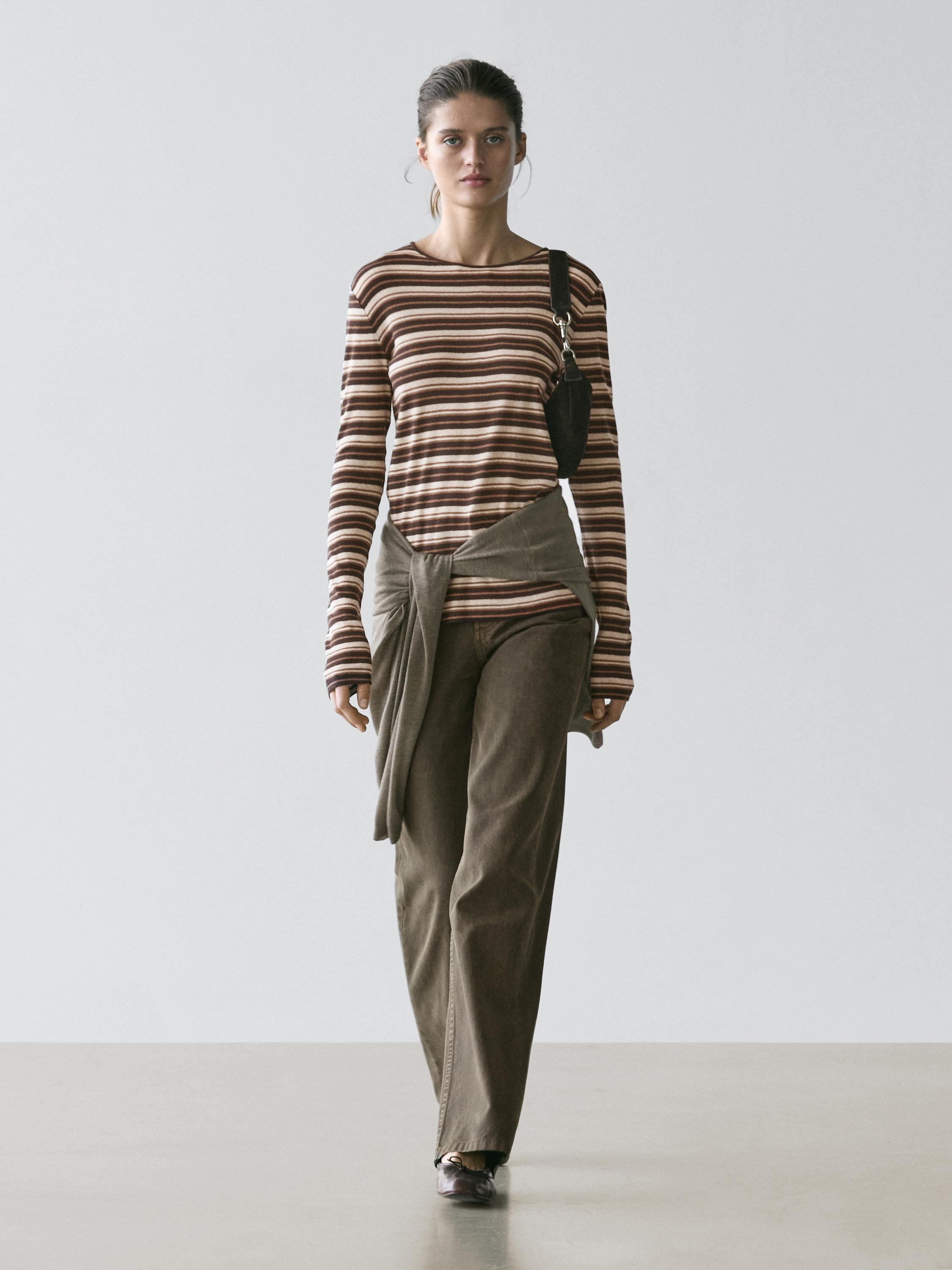 Brown striped long-sleeve t-shirt and straight brown pants set.
