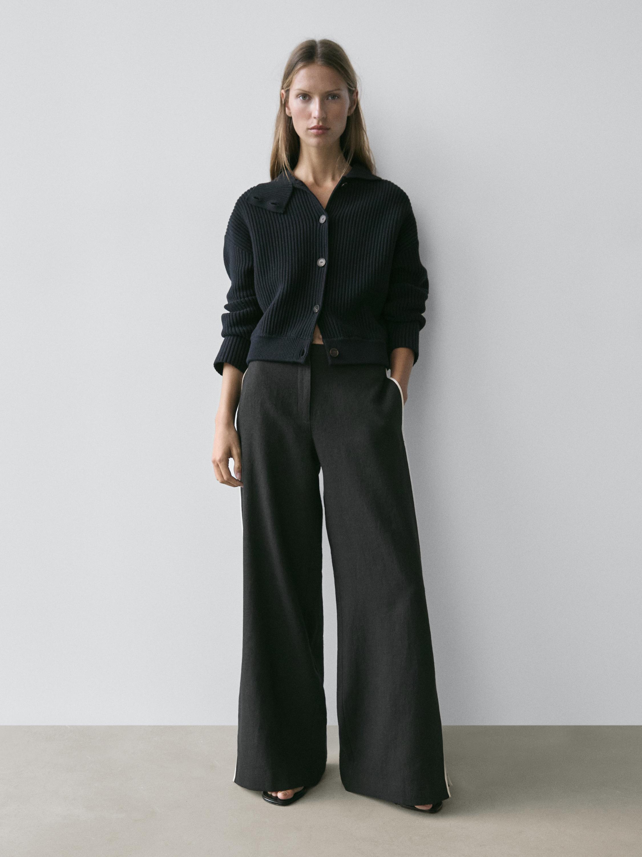 Linen trousers with contrast trim — BLACK