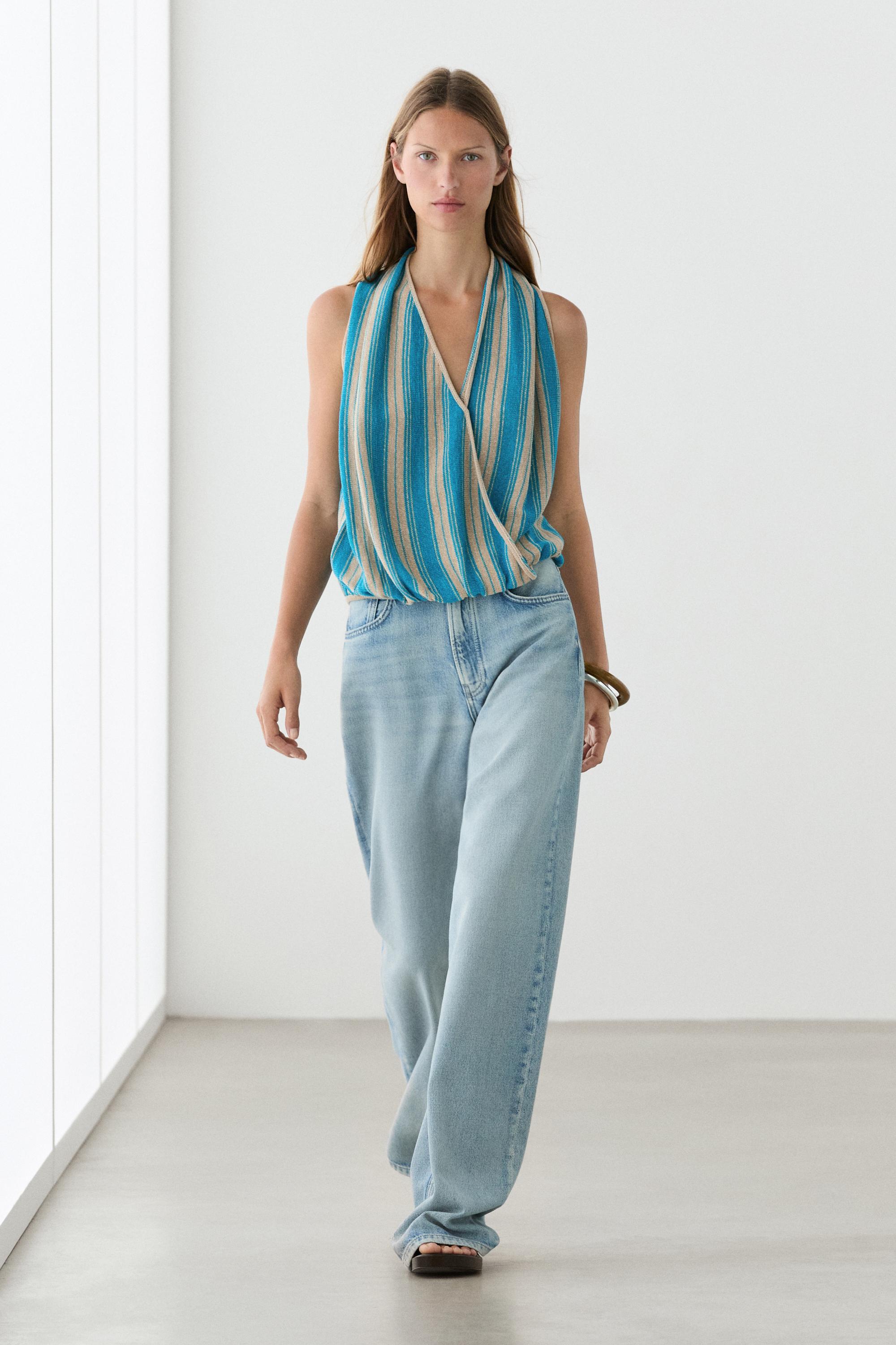 Striped linen blend surplice top — TURQUOISE
