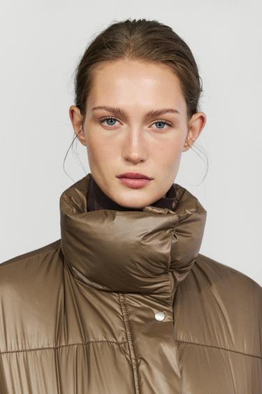 Down jacket with plaid interior detail — CAMEL 3