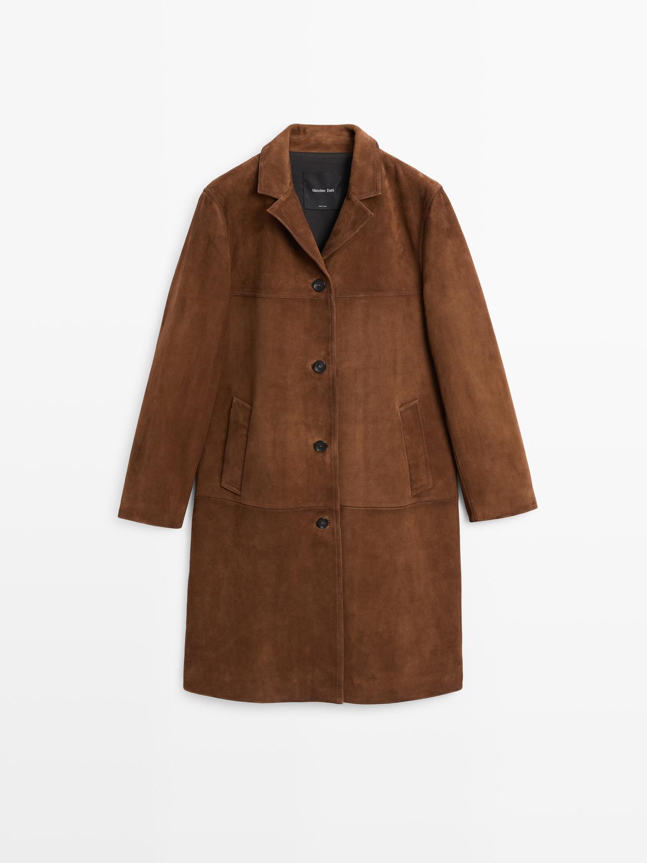 Massimo Dutti - Dame - Lang Frakke I Ruskind - Brun - M